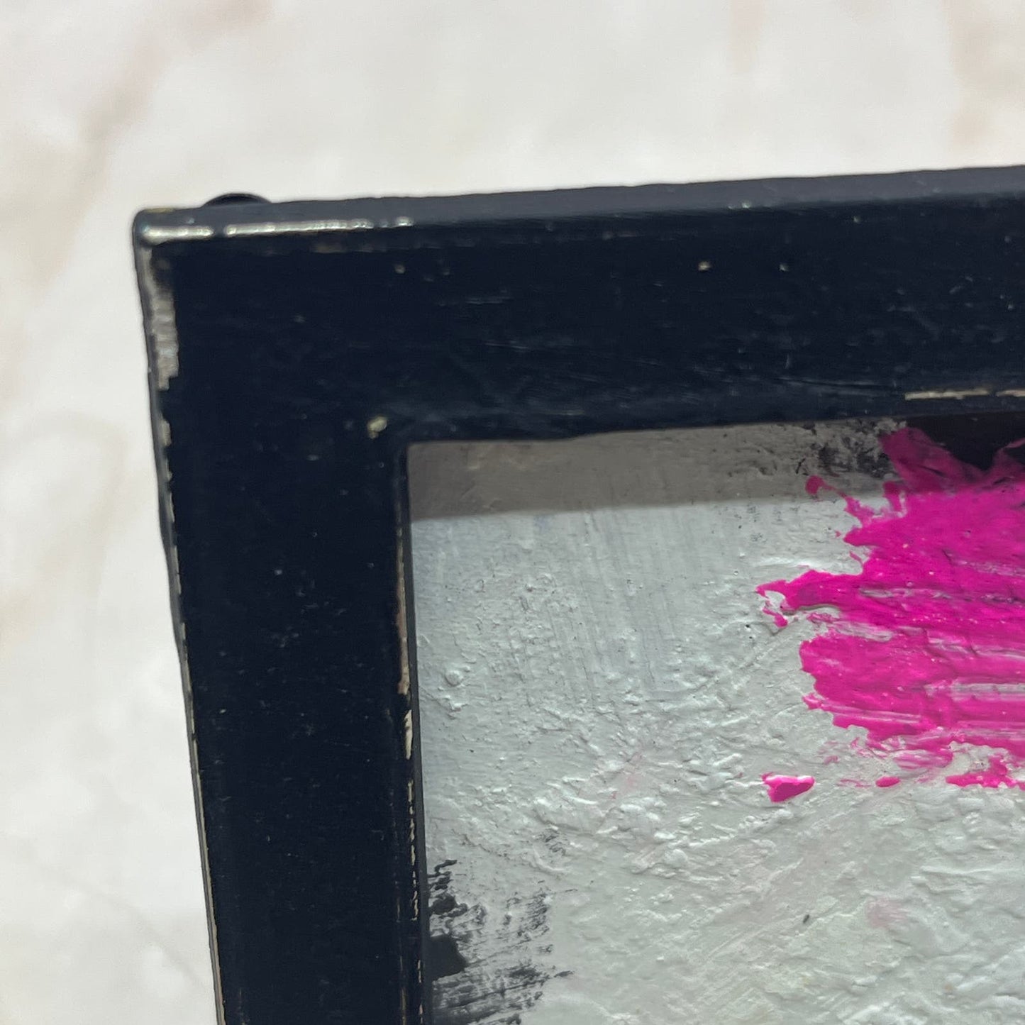 Original Miniature Framed Abstract Art Painting 3.5" Black & Pink TG8
