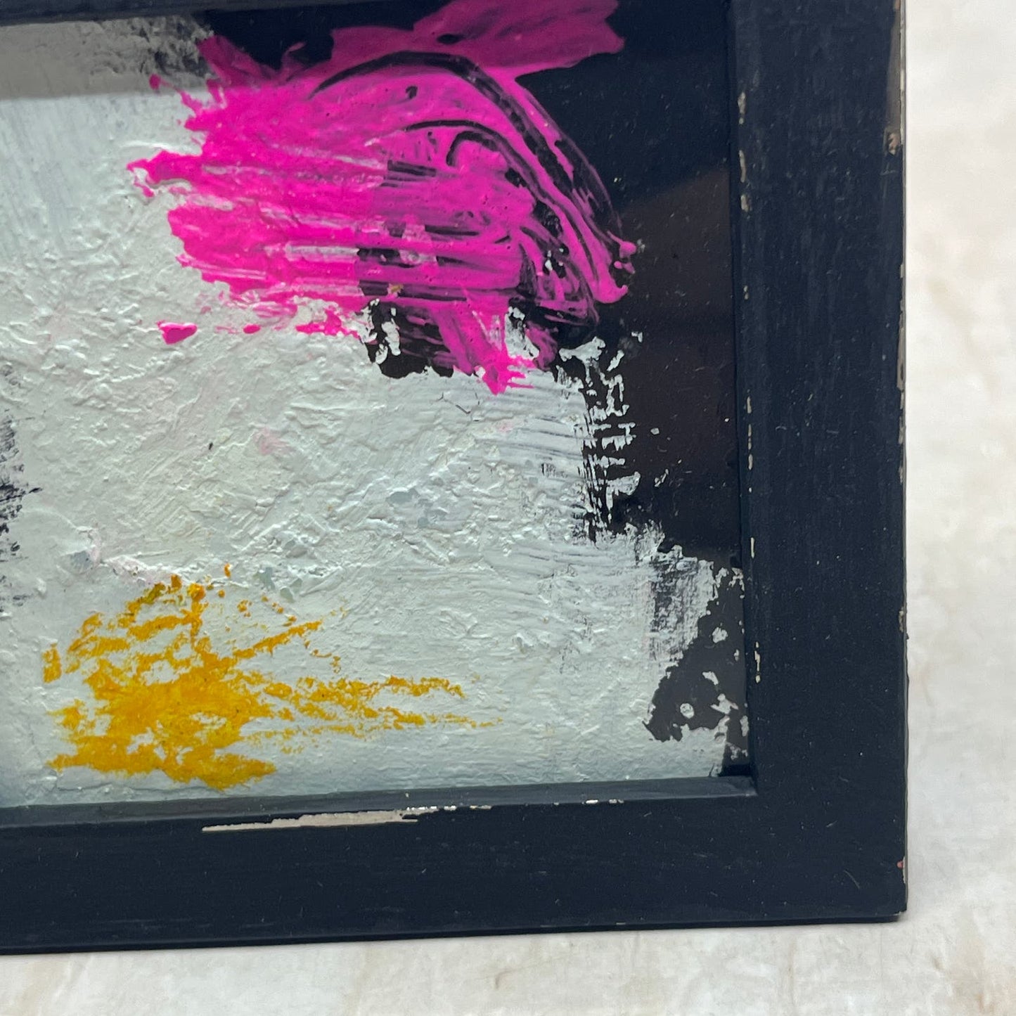 Original Miniature Framed Abstract Art Painting 3.5" Black & Pink TG8
