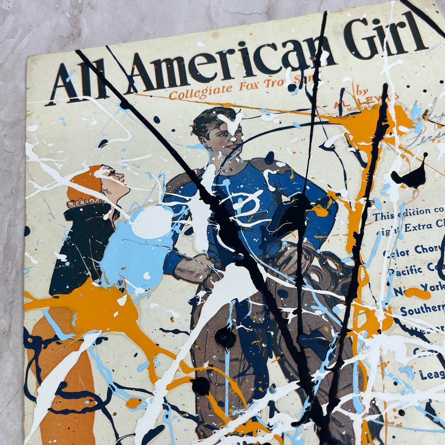 Original Abstract Art Painting "All American Girl" on Antique Sheet Music
