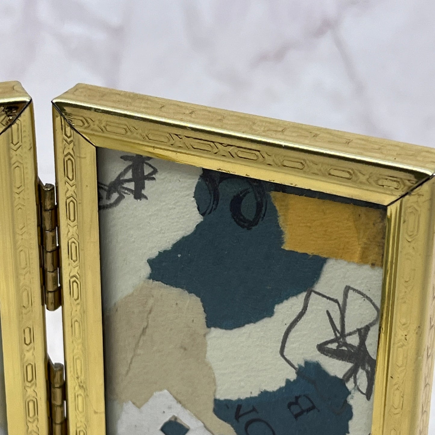 Original Framed Mixed Media Art Collage Mini 3x5 "Navy Construct VIII" TH2