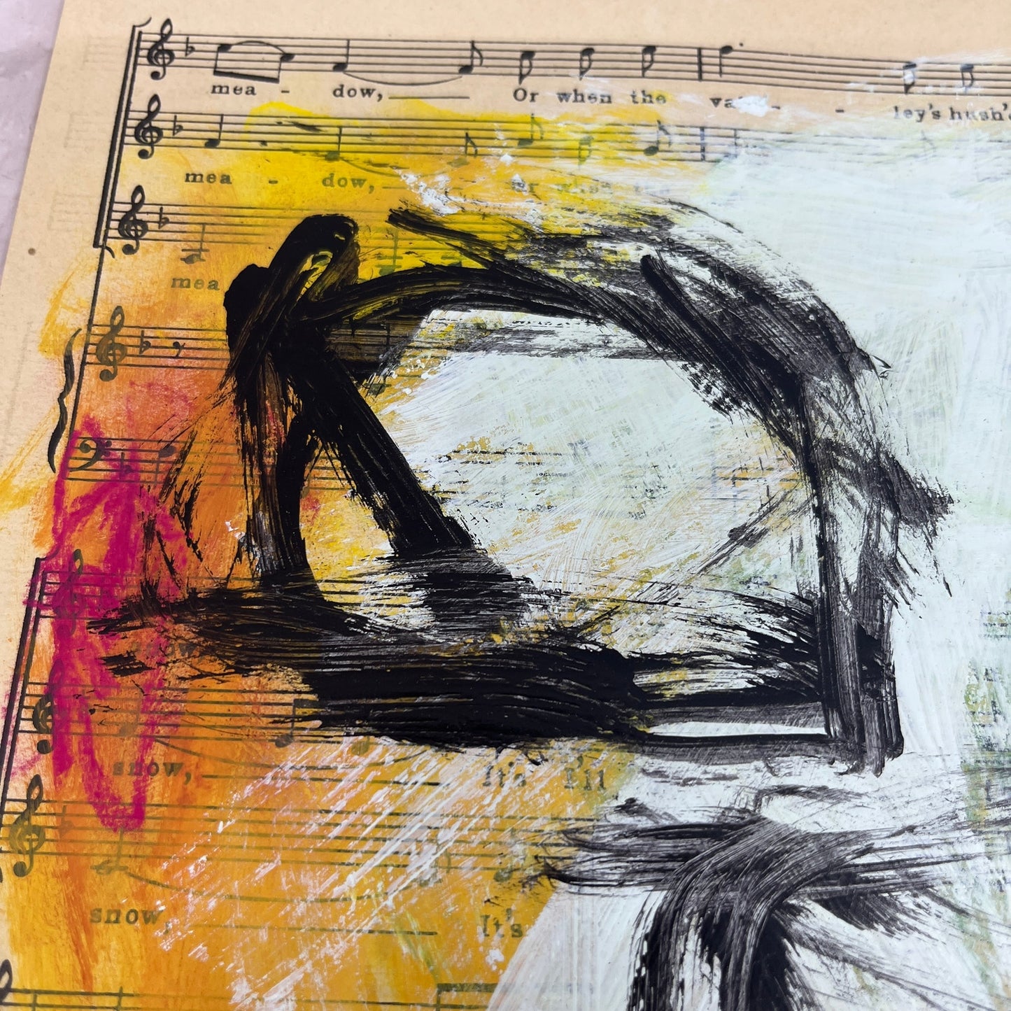 Original Abstract Art Painting "Summer's Gone" On Sheet Music 7x10