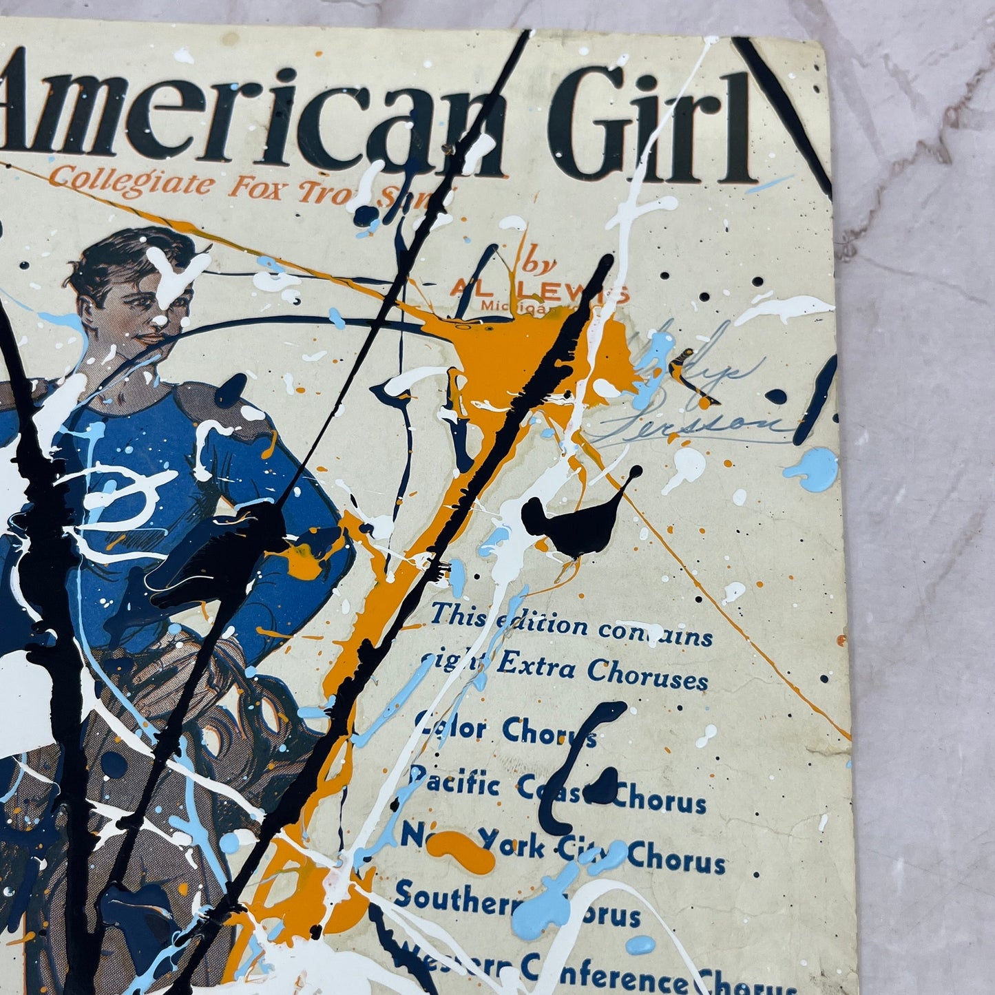Original Abstract Art Painting "All American Girl" on Antique Sheet Music