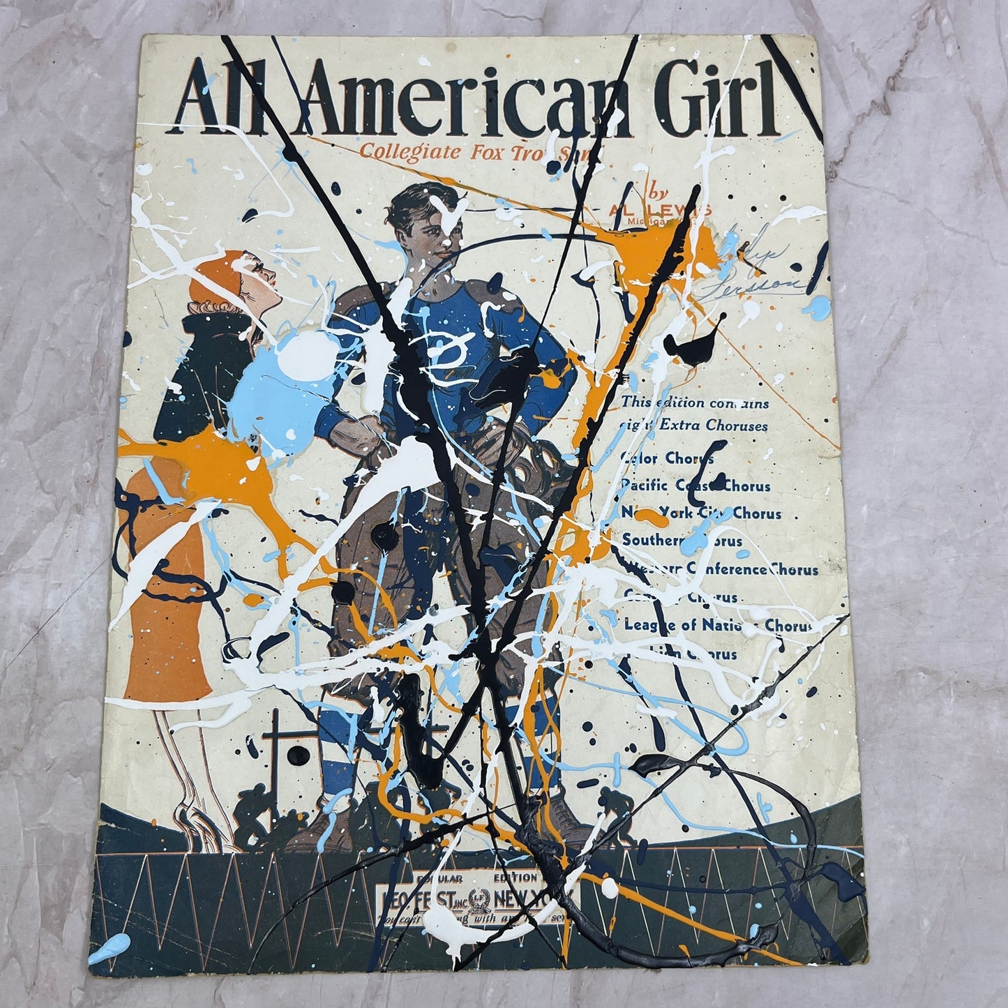 Original Abstract Art Painting "All American Girl" on Antique Sheet Music
