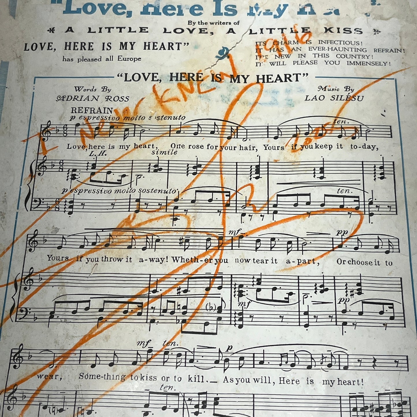 Original Mixed Media Abstract Art Collage 10x13 "1916 I Never Knew Sheet Music"