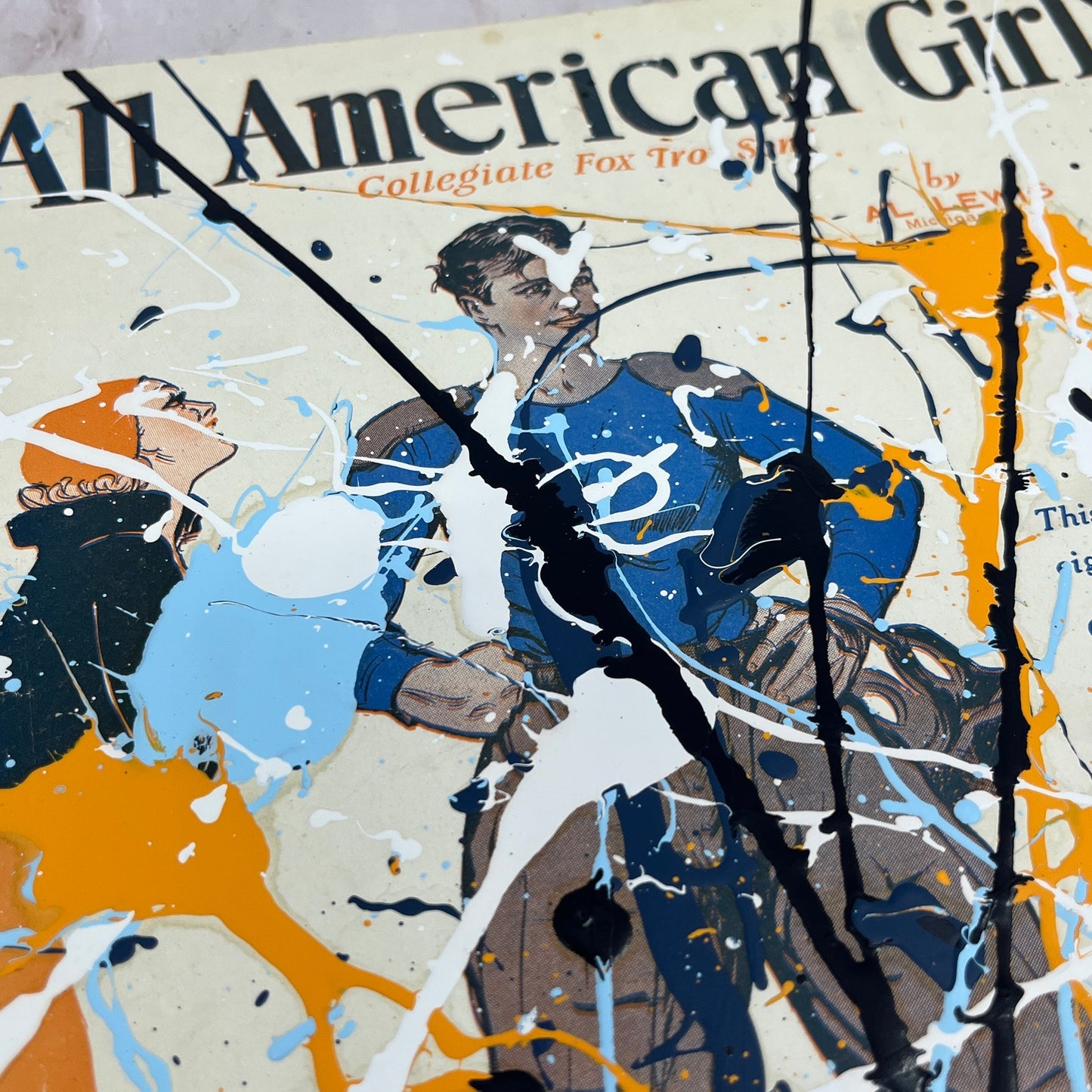Original Abstract Art Painting "All American Girl" on Antique Sheet Music