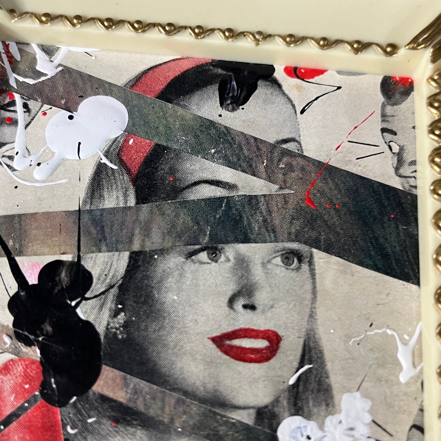 Original Framed Mixed Media Abstract Art Collage Painting 6x7 "1945 Louis Philippe Lipstick Ad"