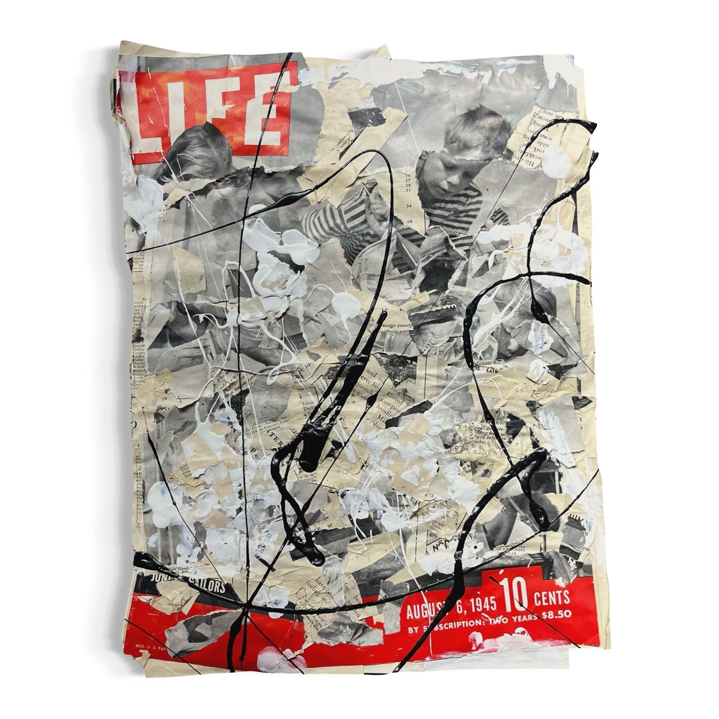 Original Mixed Media Abstract Art Collage 11x14 "1945 Aug 6 Life Magazine"