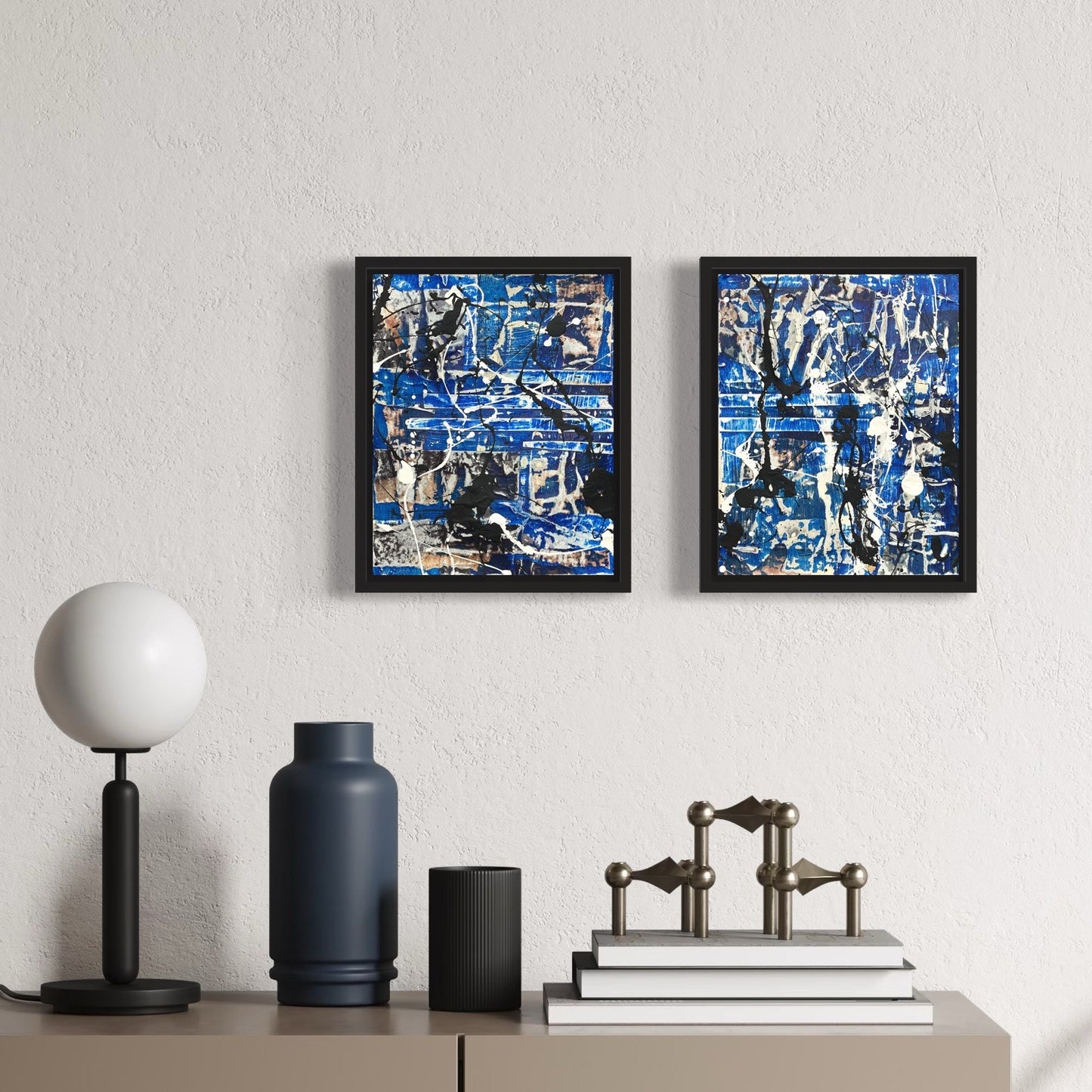 Original Framed Mixed Media Modern Art Collage 8x10 "Blue Steam" Set of 2