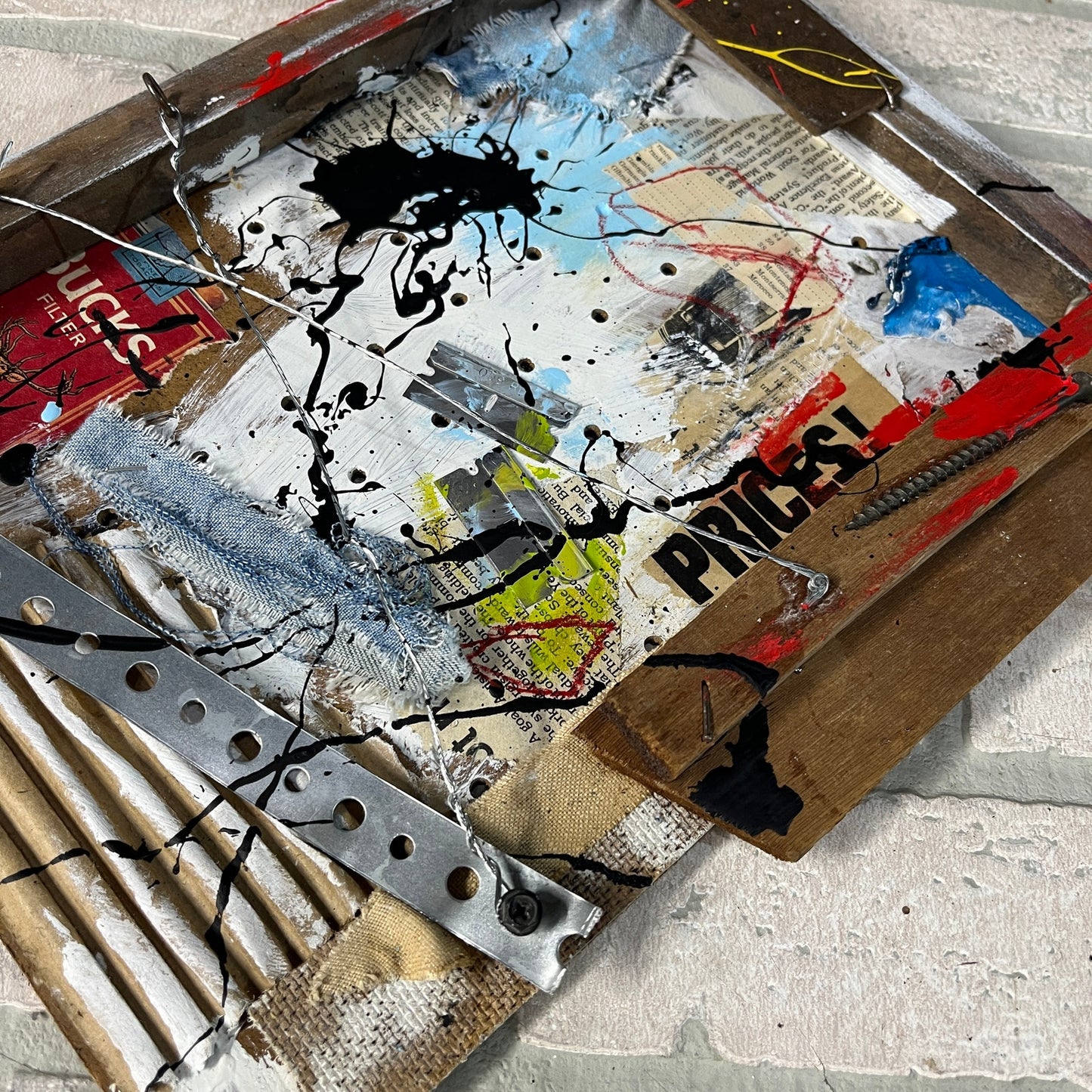 Original Abstract Collage Assemblage Combine Art Painting 11x13 "Bucks"