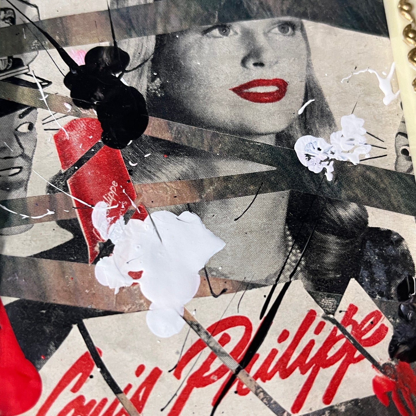 Original Framed Mixed Media Abstract Art Collage Painting 6x7 "1945 Louis Philippe Lipstick Ad"