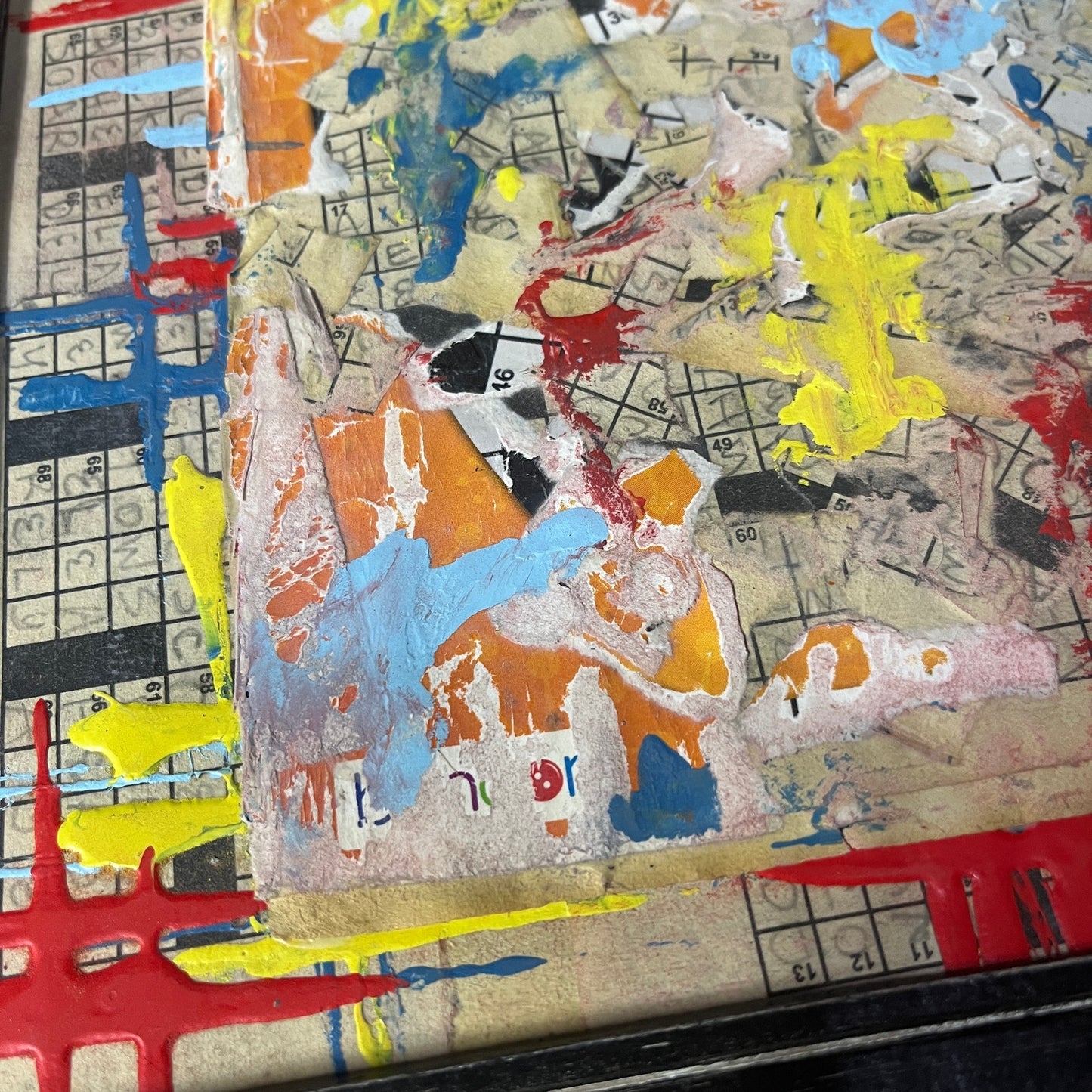 Original Framed Mixed Media Art Collage 9x11 "Crosswords"
