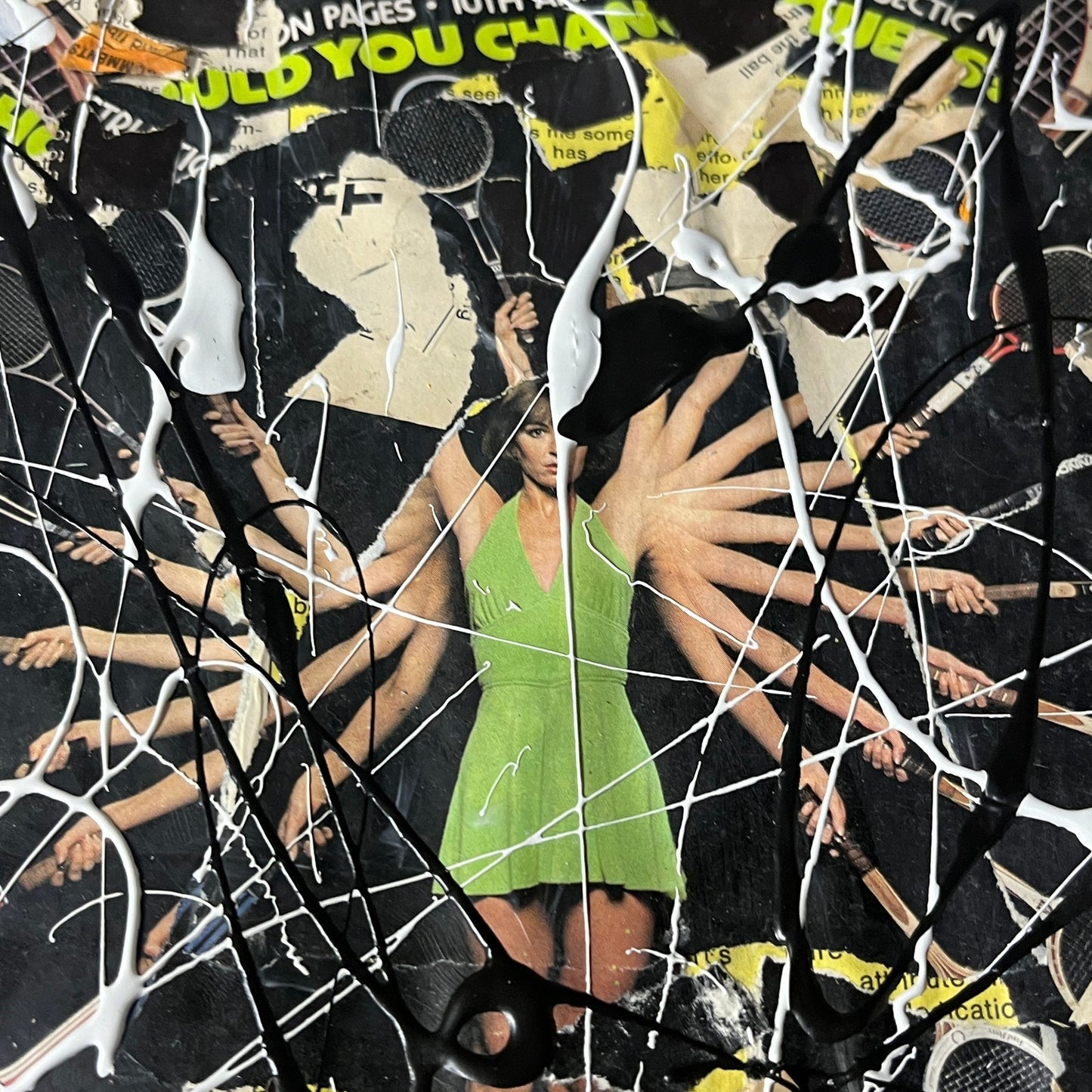 Original Mixed Media Abstract Art Collage Painting 9x12 "Jan 1977 Tennis Magazine"