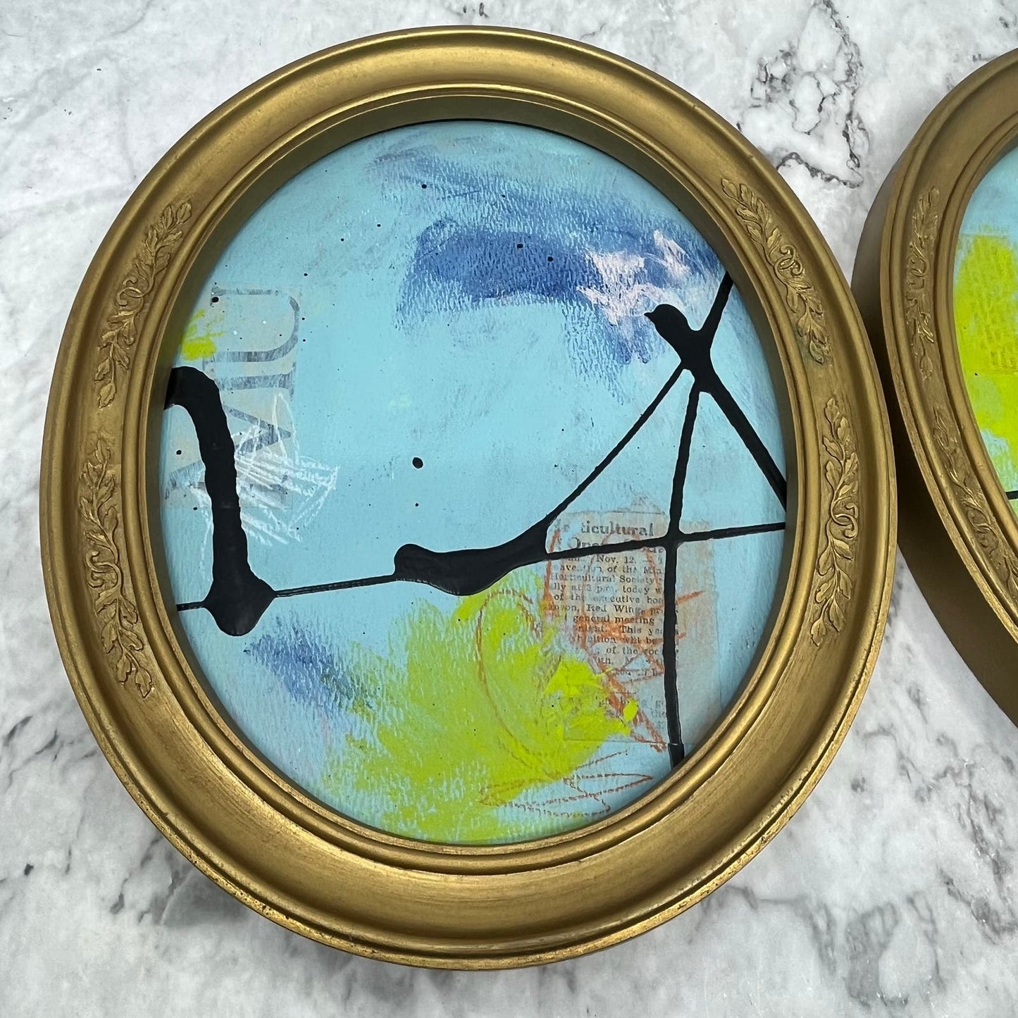 Original Framed Mixed Media Abstract Art Painting PAIR 9x11 “Blue MUWA” With COA