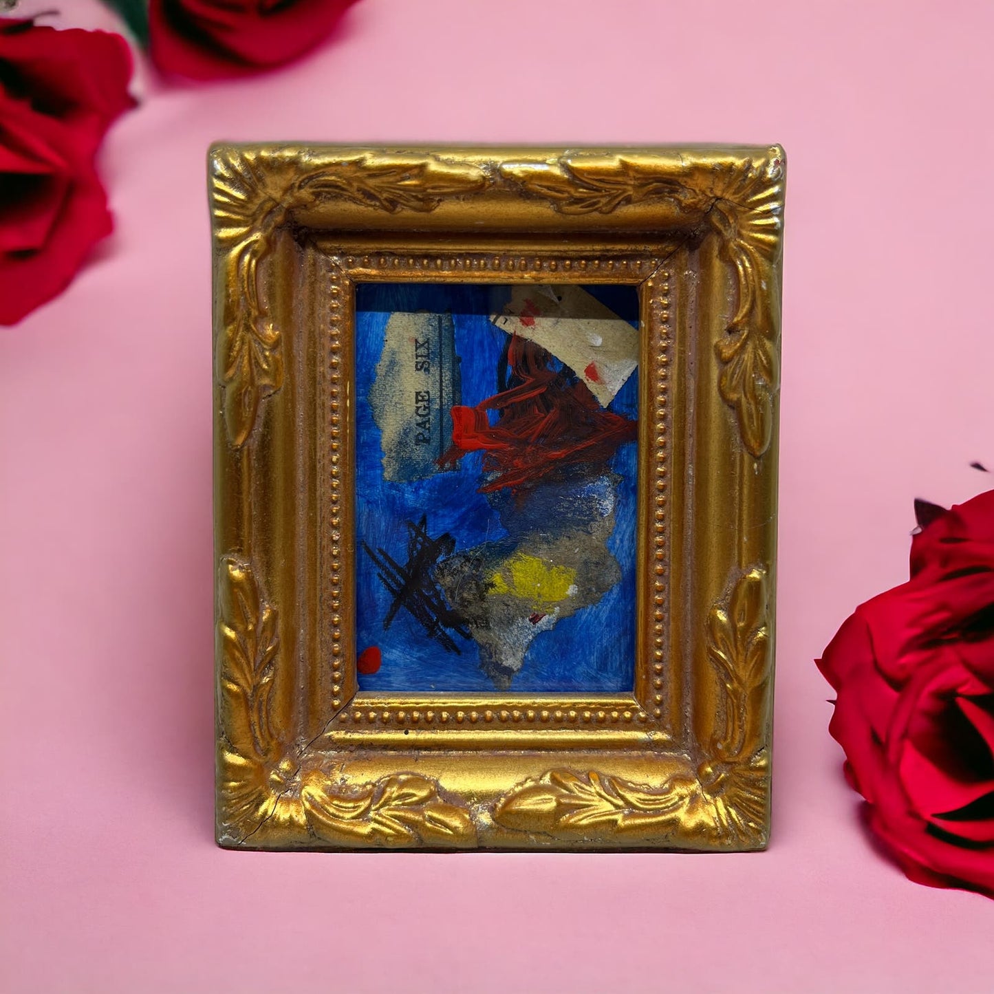 Original Framed Mixed Media Abstract Art Painting 5x4 Mini "Page Six" Signed TJ9
