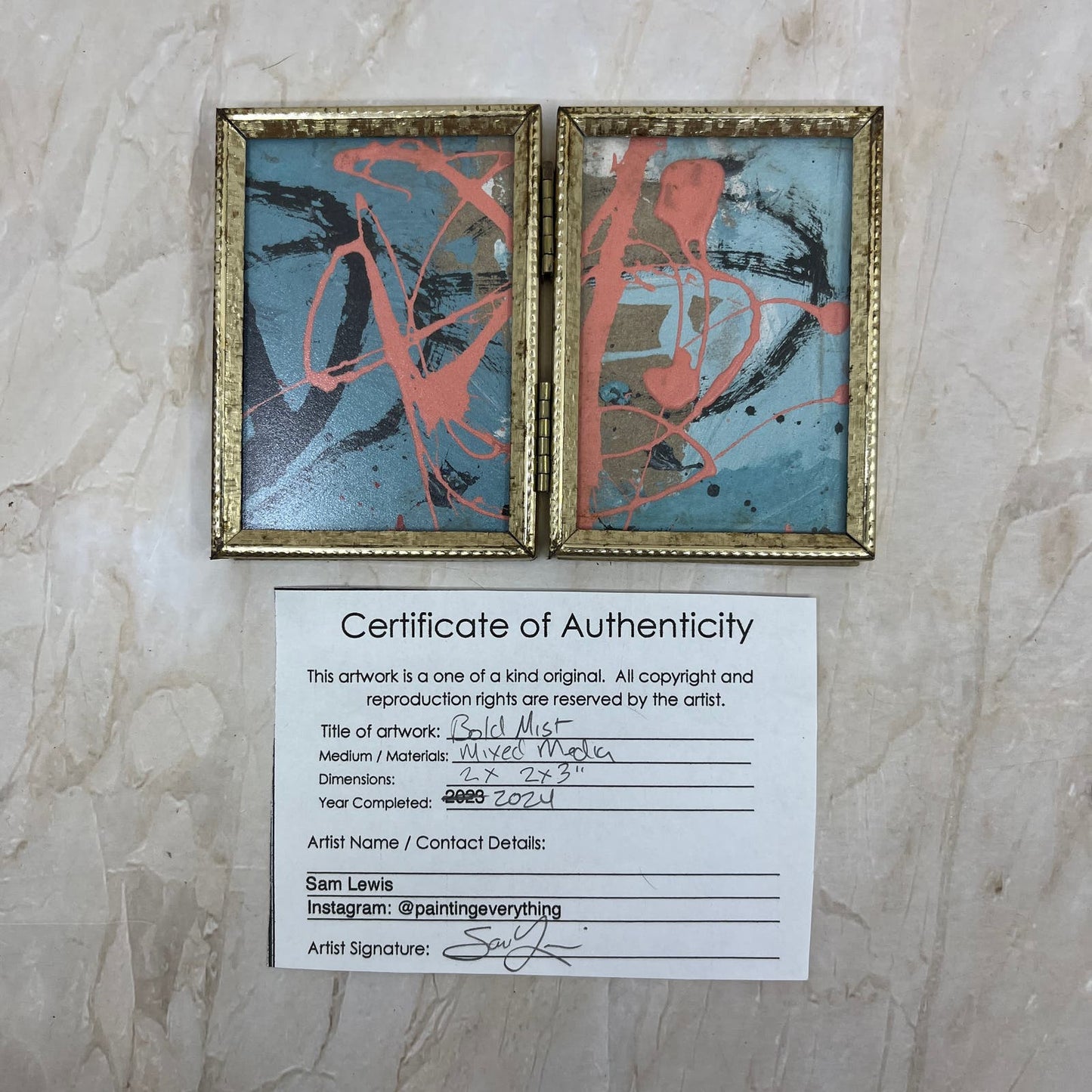 Original Framed Abstract Art Painting 2x3 Mini Diptych "Bold Mist" Signed TJ9