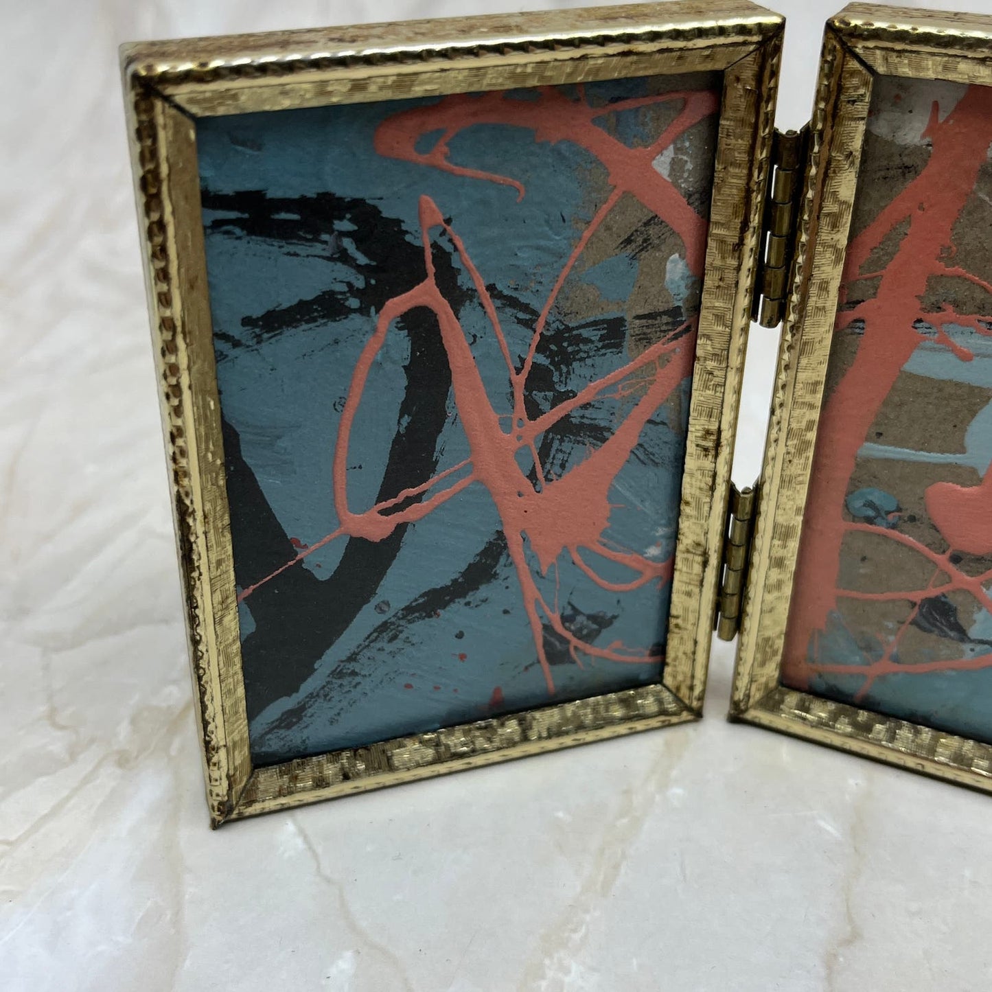 Original Framed Abstract Art Painting 2x3 Mini Diptych "Bold Mist" Signed TJ9