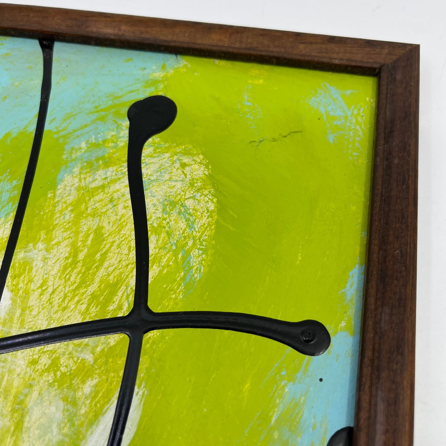 Framed Original Abstract Art Painting "Lime Breeze" Acrylic on Glass 9x12 TI5