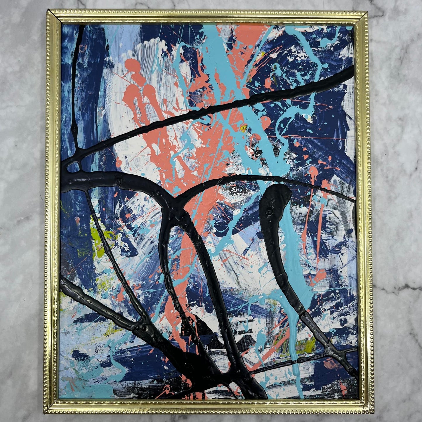 Original Framed Abstract Art Painting 8x10" Blue Spumoni With COA TE4