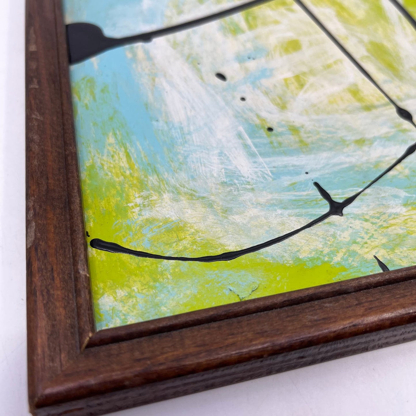 Framed Original Abstract Art Painting "Lime Breeze" Acrylic on Glass 9x12 TI5