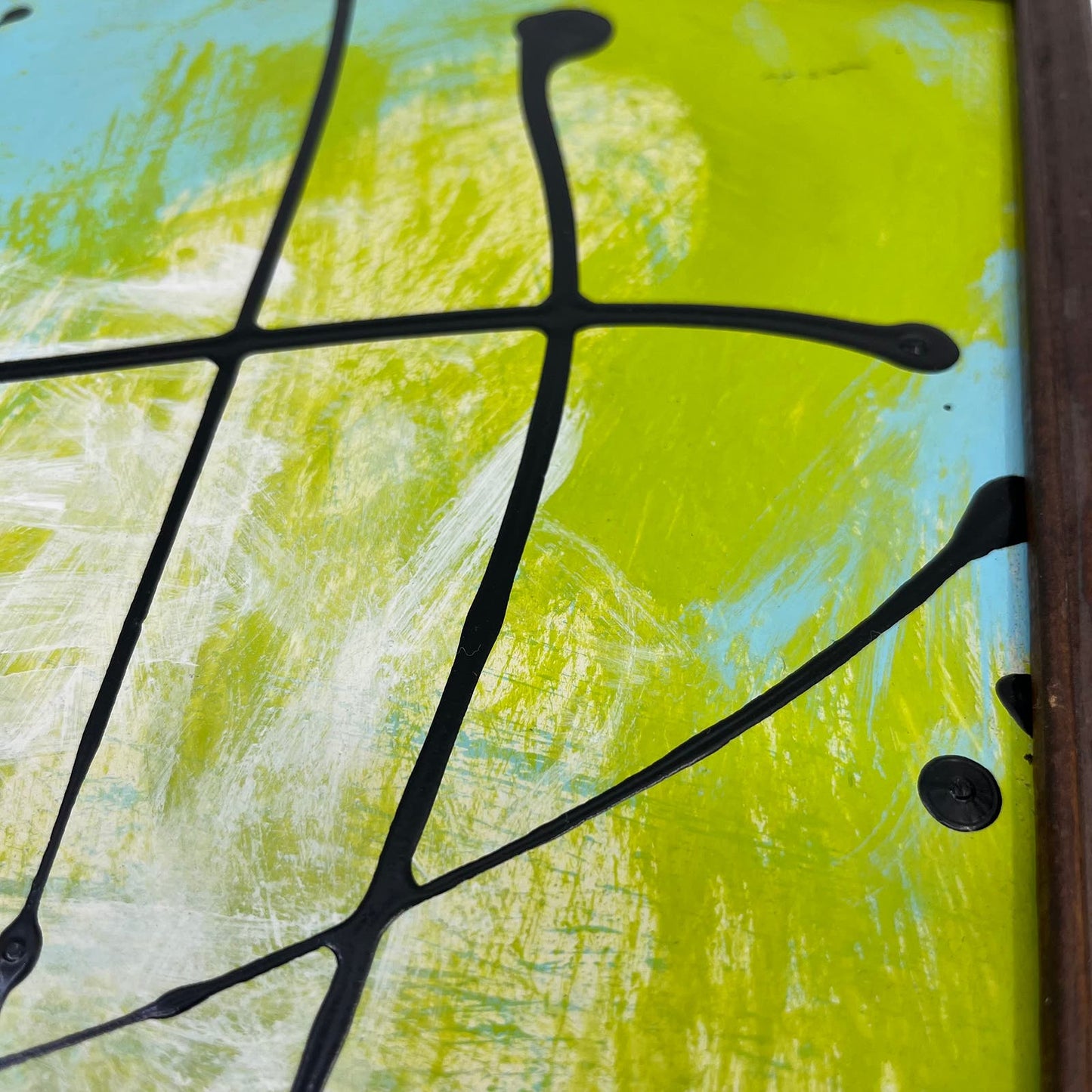 Framed Original Abstract Art Painting "Lime Breeze" Acrylic on Glass 9x12 TI5