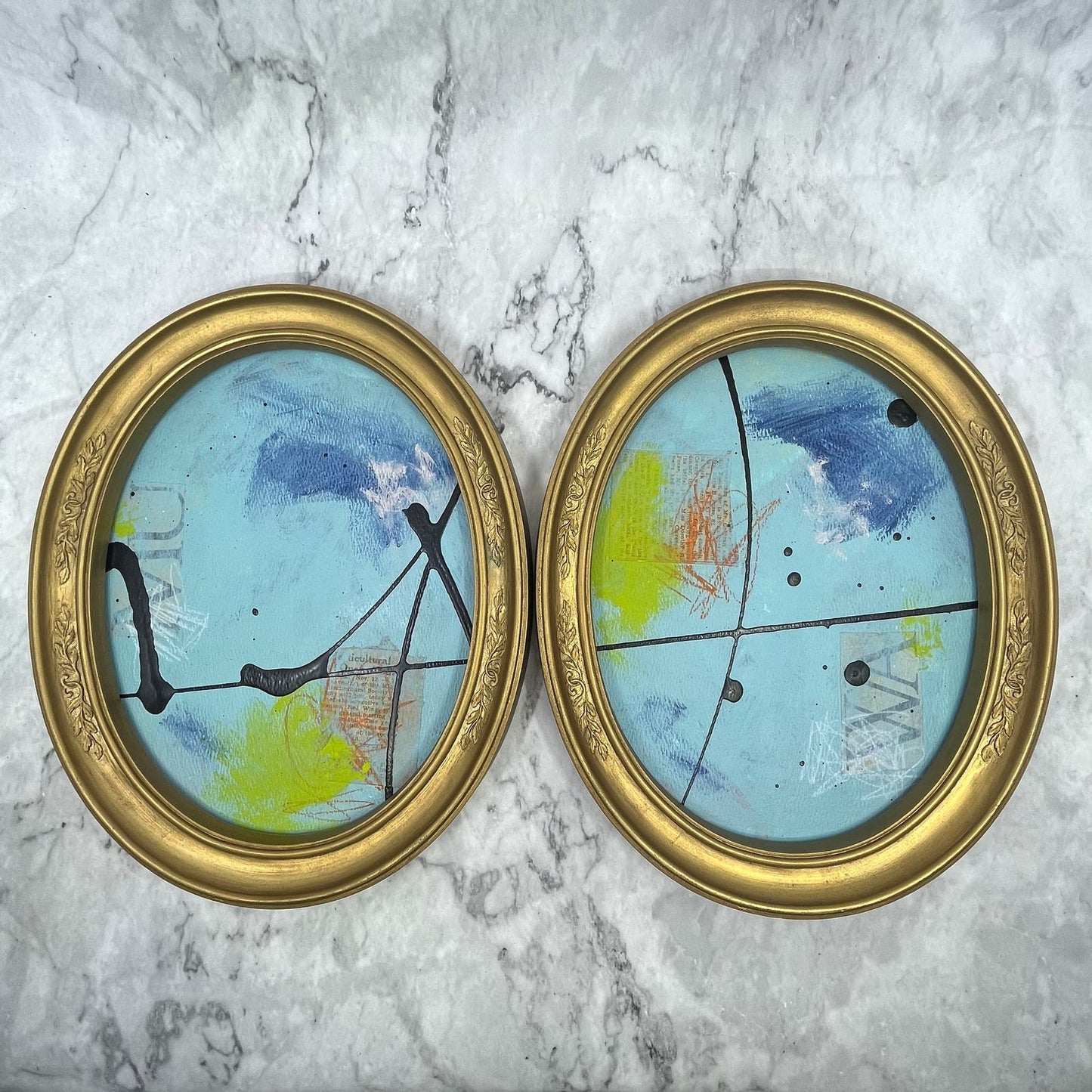 Original Framed Mixed Media Abstract Art Painting PAIR 9x11 “Blue MUWA” With COA