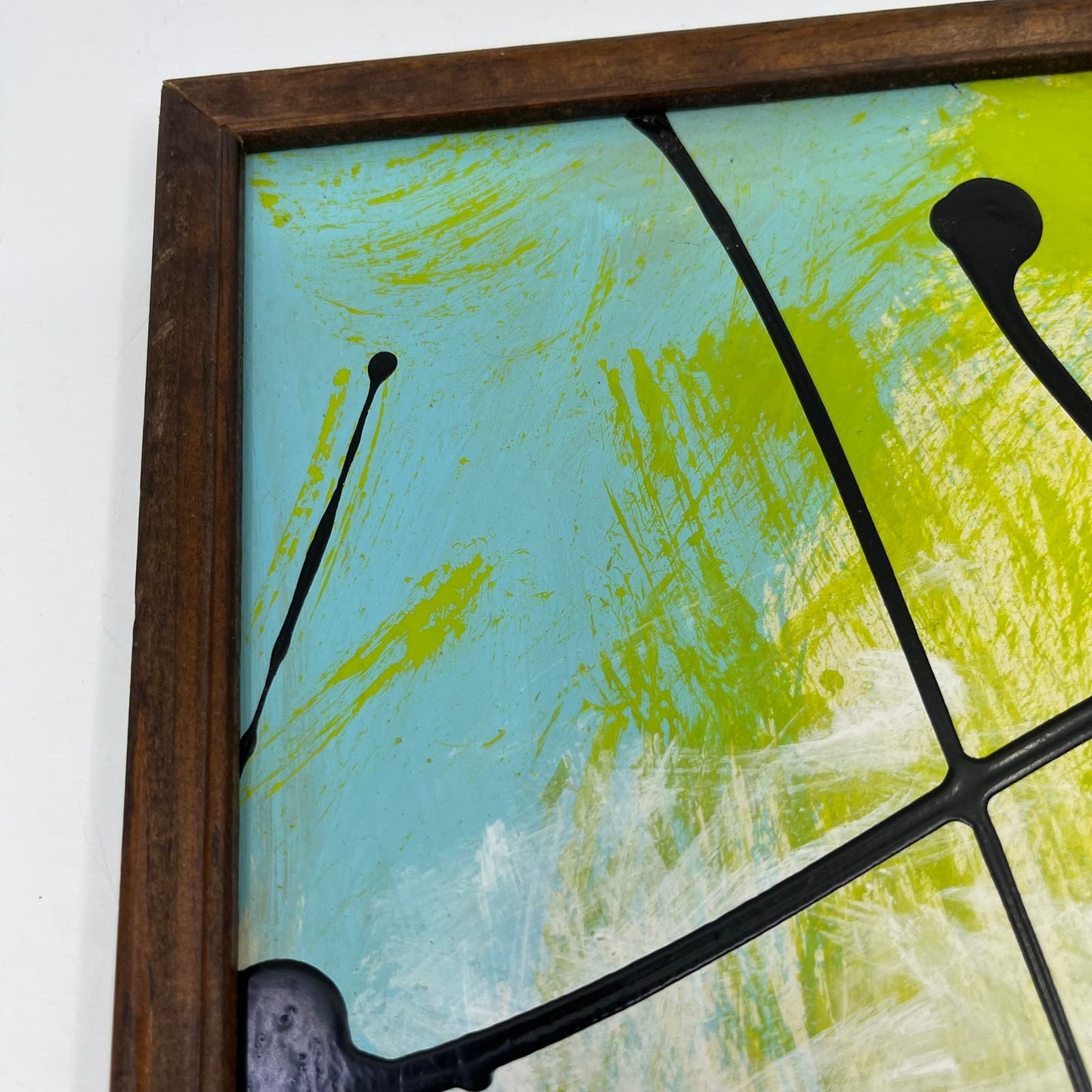 Framed Original Abstract Art Painting "Lime Breeze" Acrylic on Glass 9x12 TI5