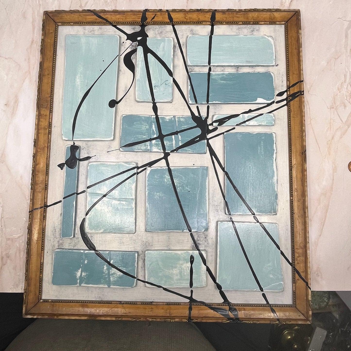 Original Framed Mixed Media Abstract Art Painting 15x17 “Blue Complex” With COA