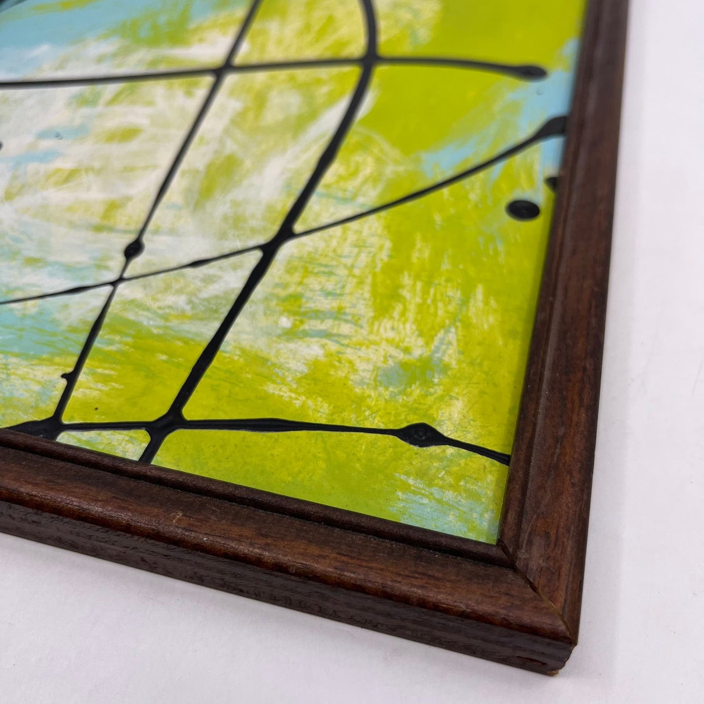 Framed Original Abstract Art Painting "Lime Breeze" Acrylic on Glass 9x12 TI5