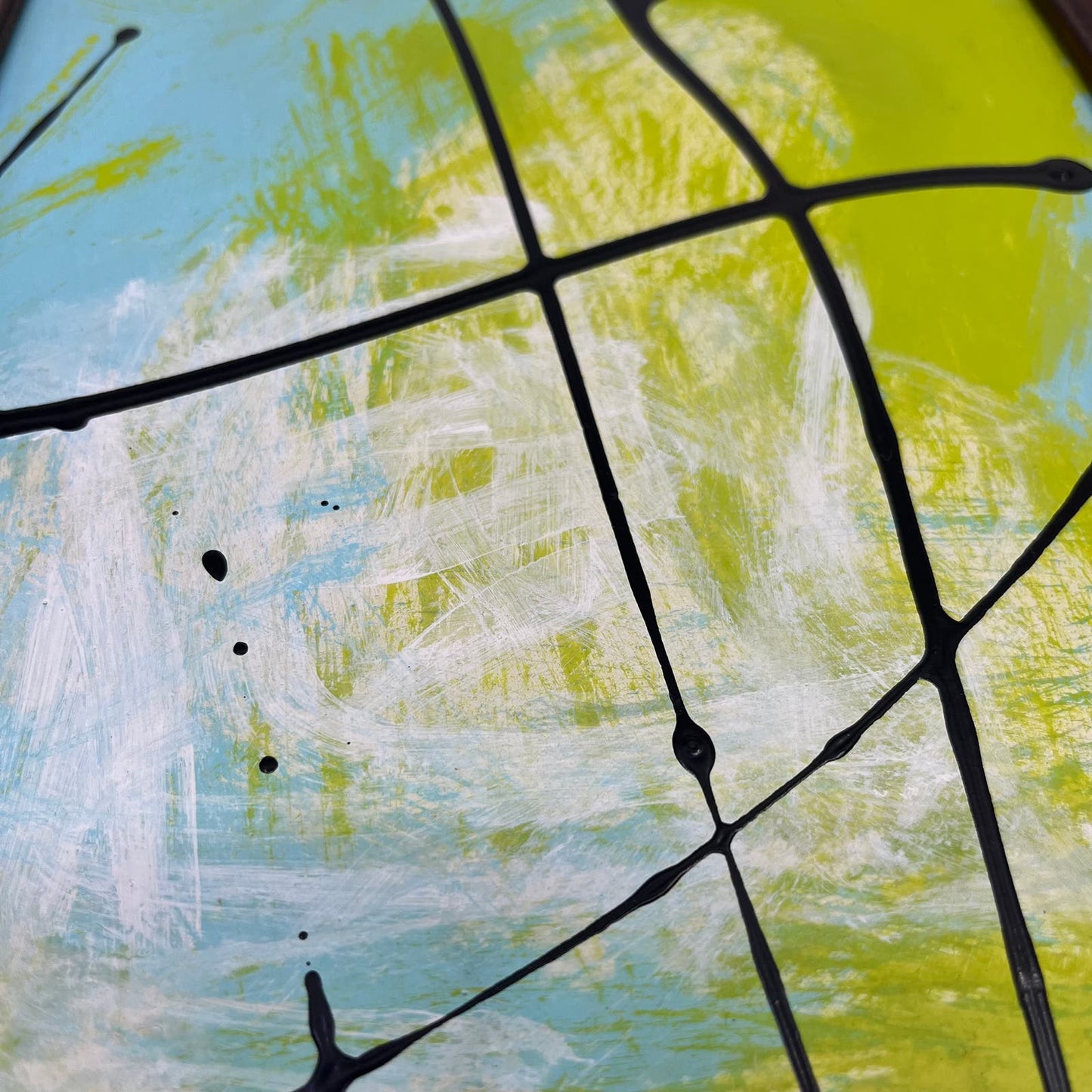 Framed Original Abstract Art Painting "Lime Breeze" Acrylic on Glass 9x12 TI5