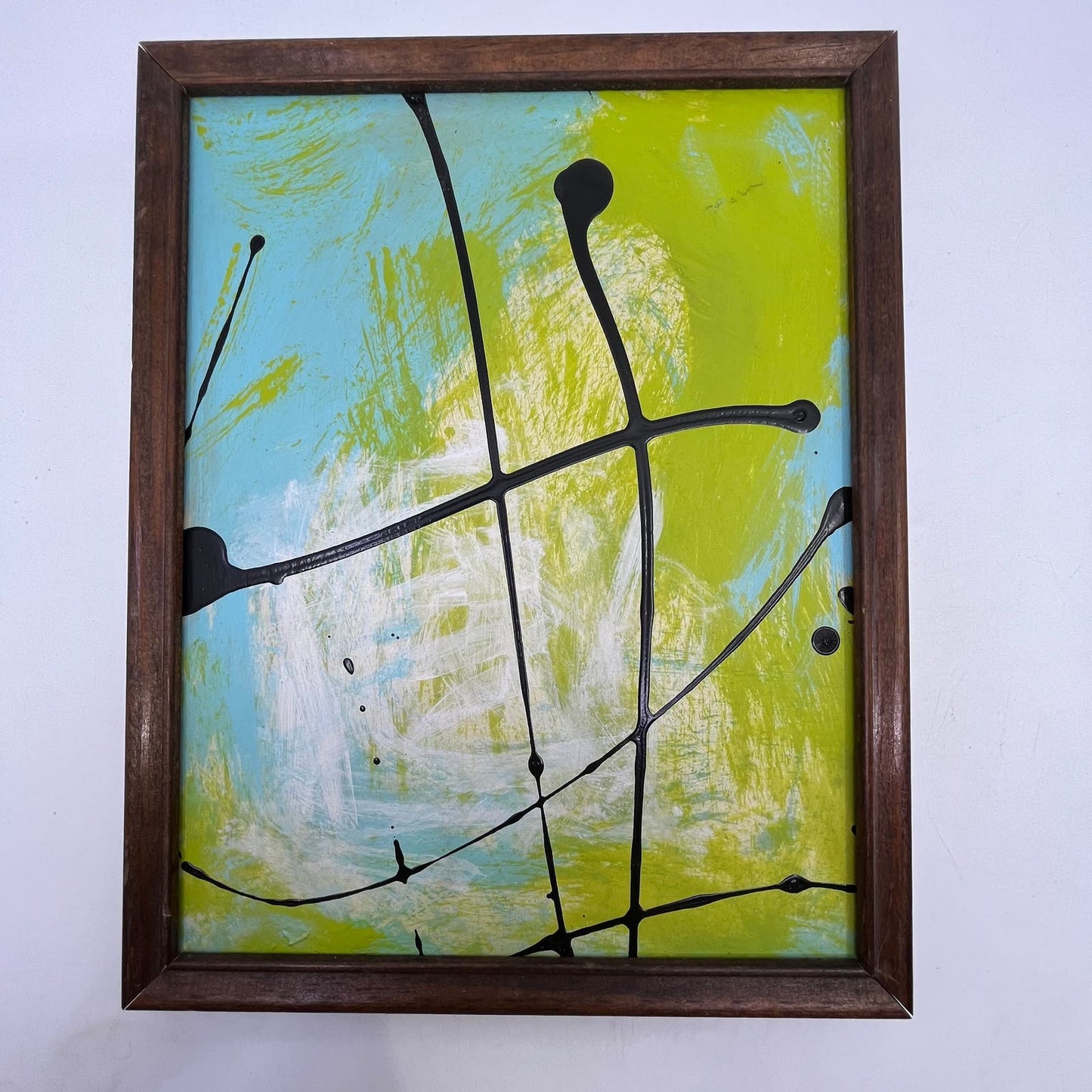 Framed Original Abstract Art Painting "Lime Breeze" Acrylic on Glass 9x12 TI5