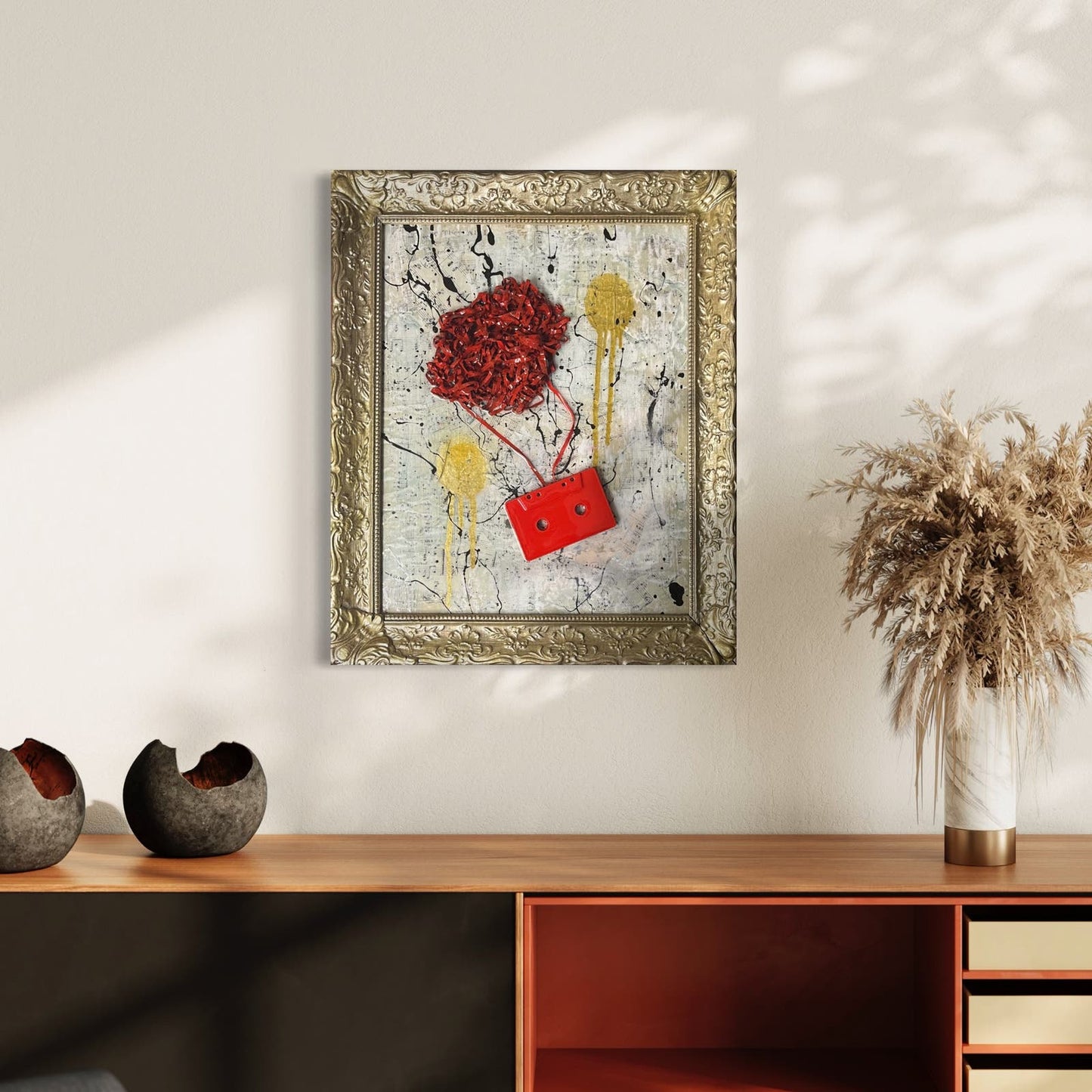 Original Framed Abstract Pop Art Assemblage Collage 19.5x16” “Red Tape” With COA