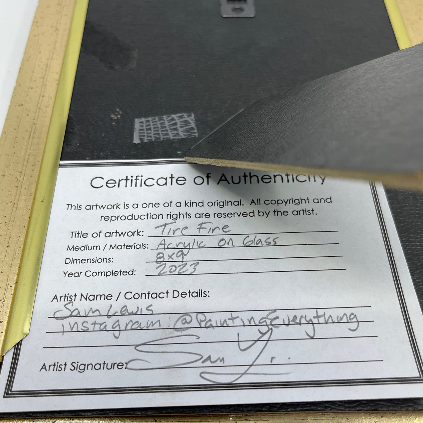 Framed Original Abstract Art Painting "Tire Fire" Acrylic on Glass 8x9 TI5