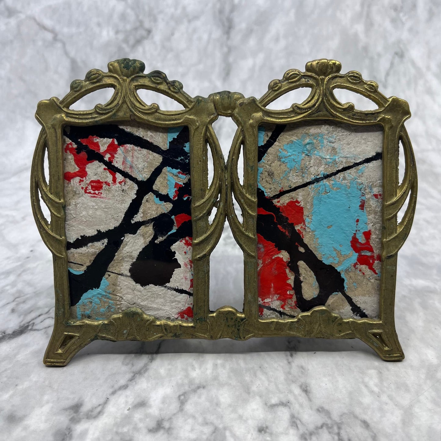 Original Framed Abstract Art Painting 6.5x5" Mini in Art Deco Brass With COA TC7