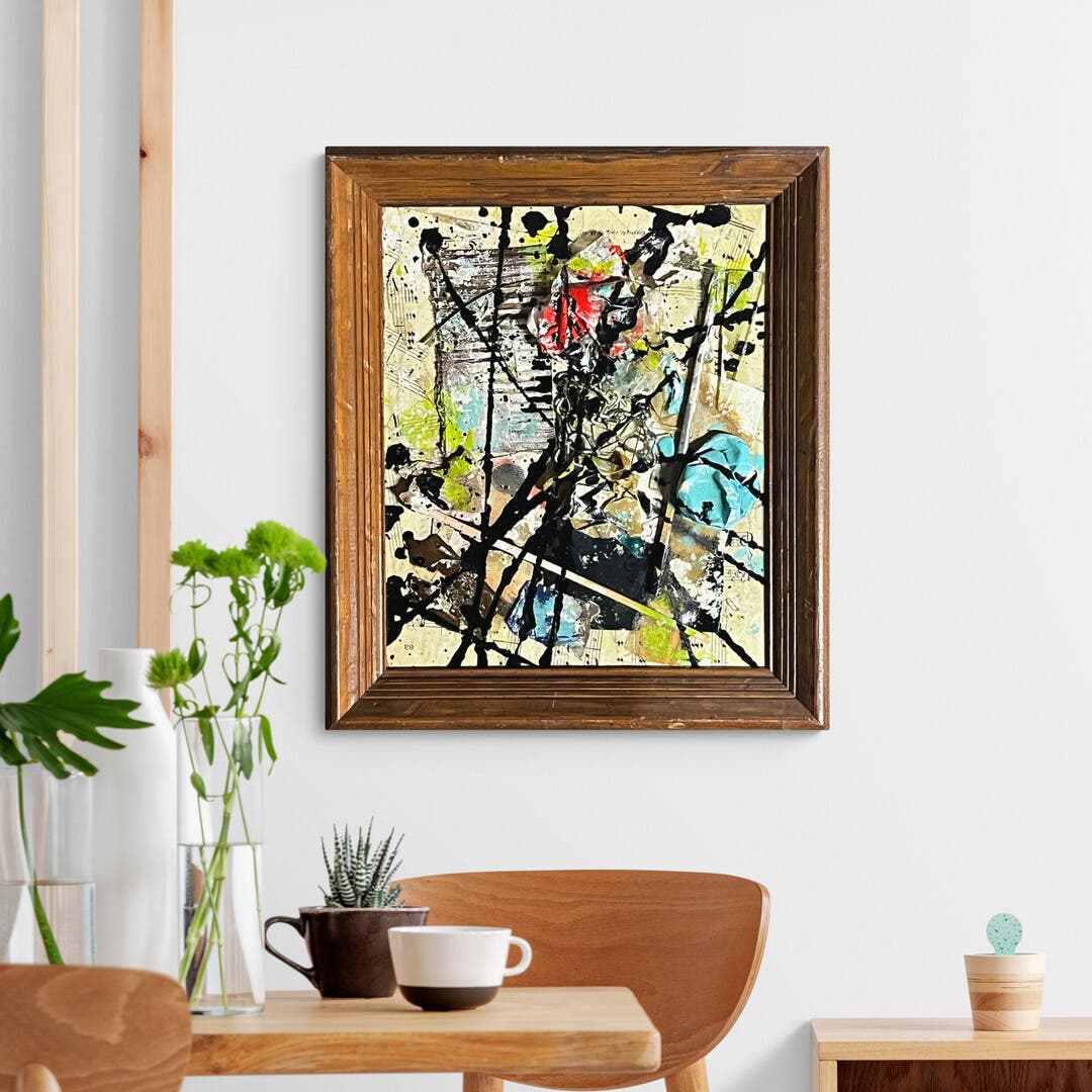 Original Framed Abstract Art Found Object Assemblage Collage 12x14.5” With COA