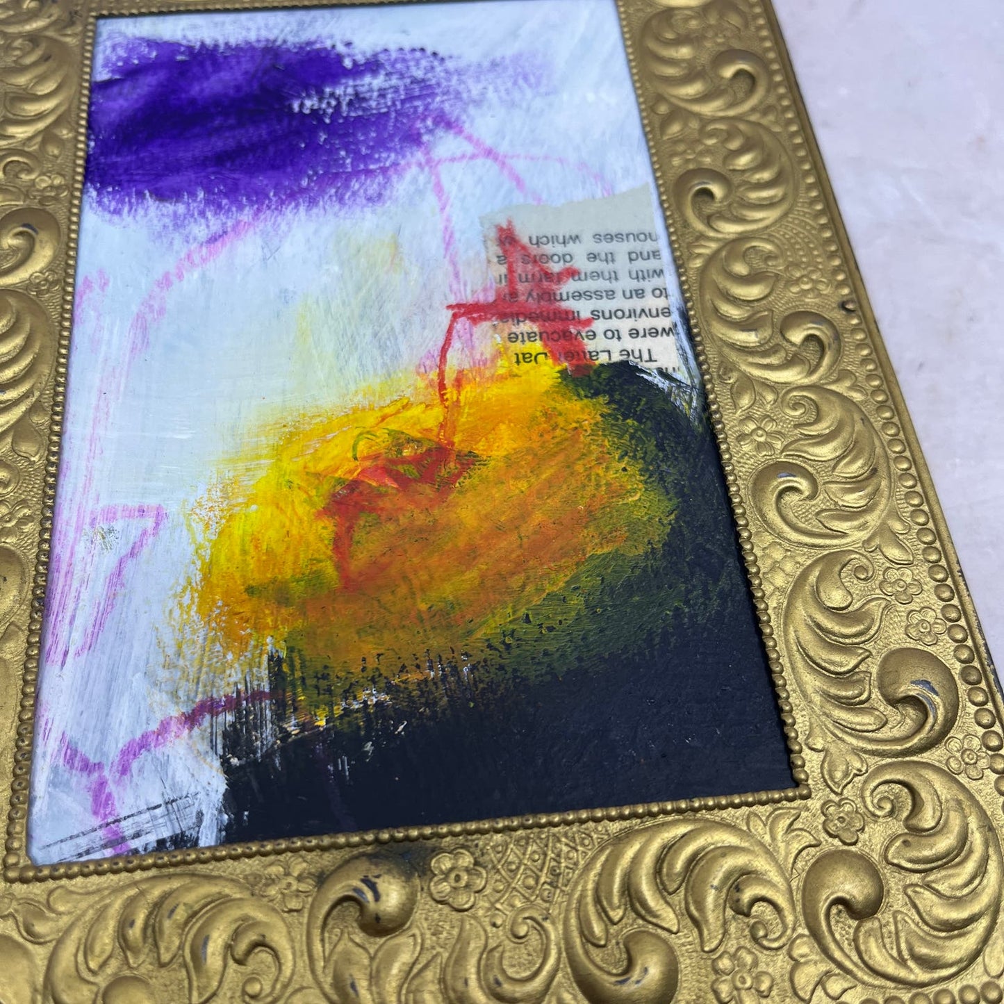 Original Framed Abstract Art Painting 5.5x7.5" in Antique Frame Purple TG8