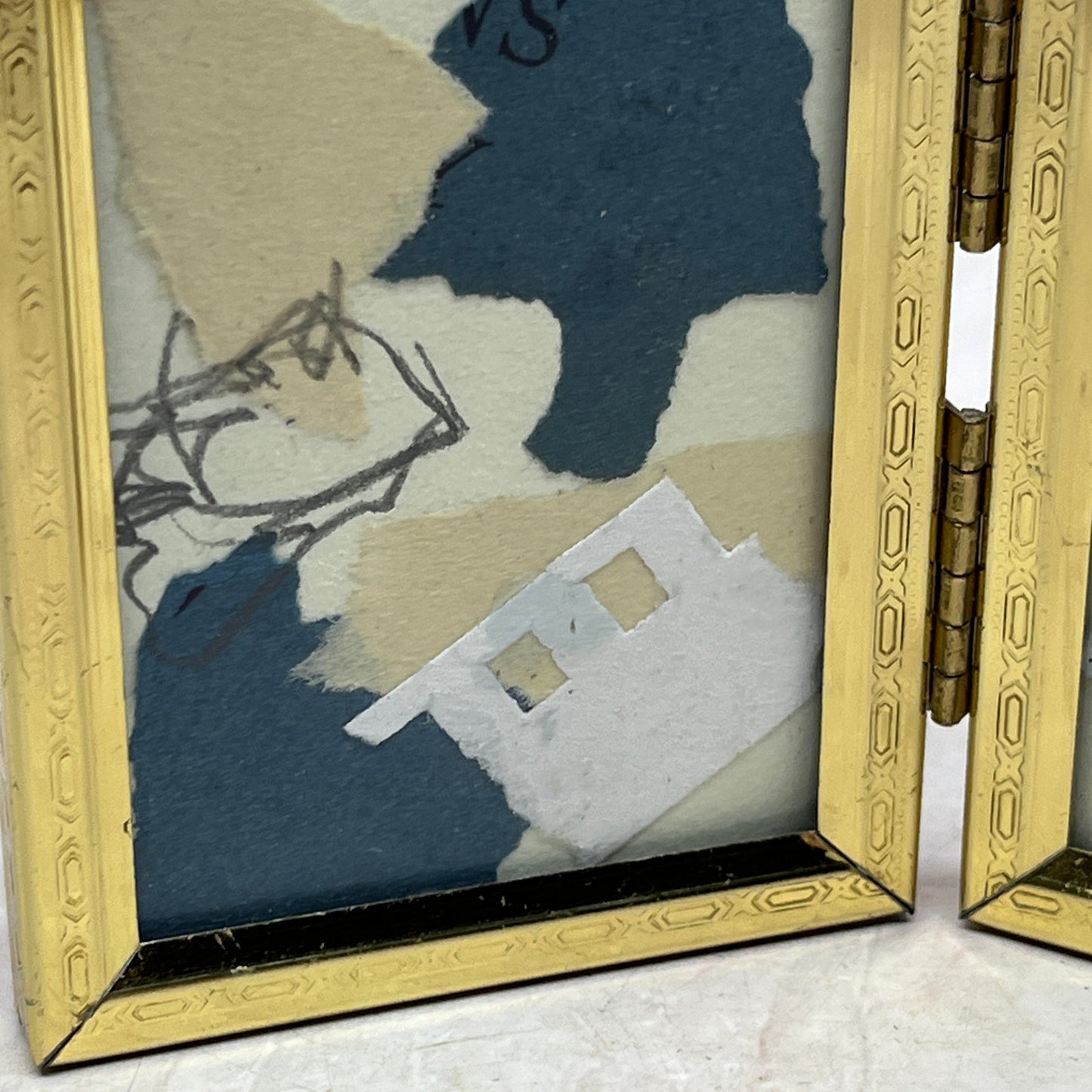 Original Framed Mixed Media Art Collage Mini 3x5 "Navy Construct VIII" TK3