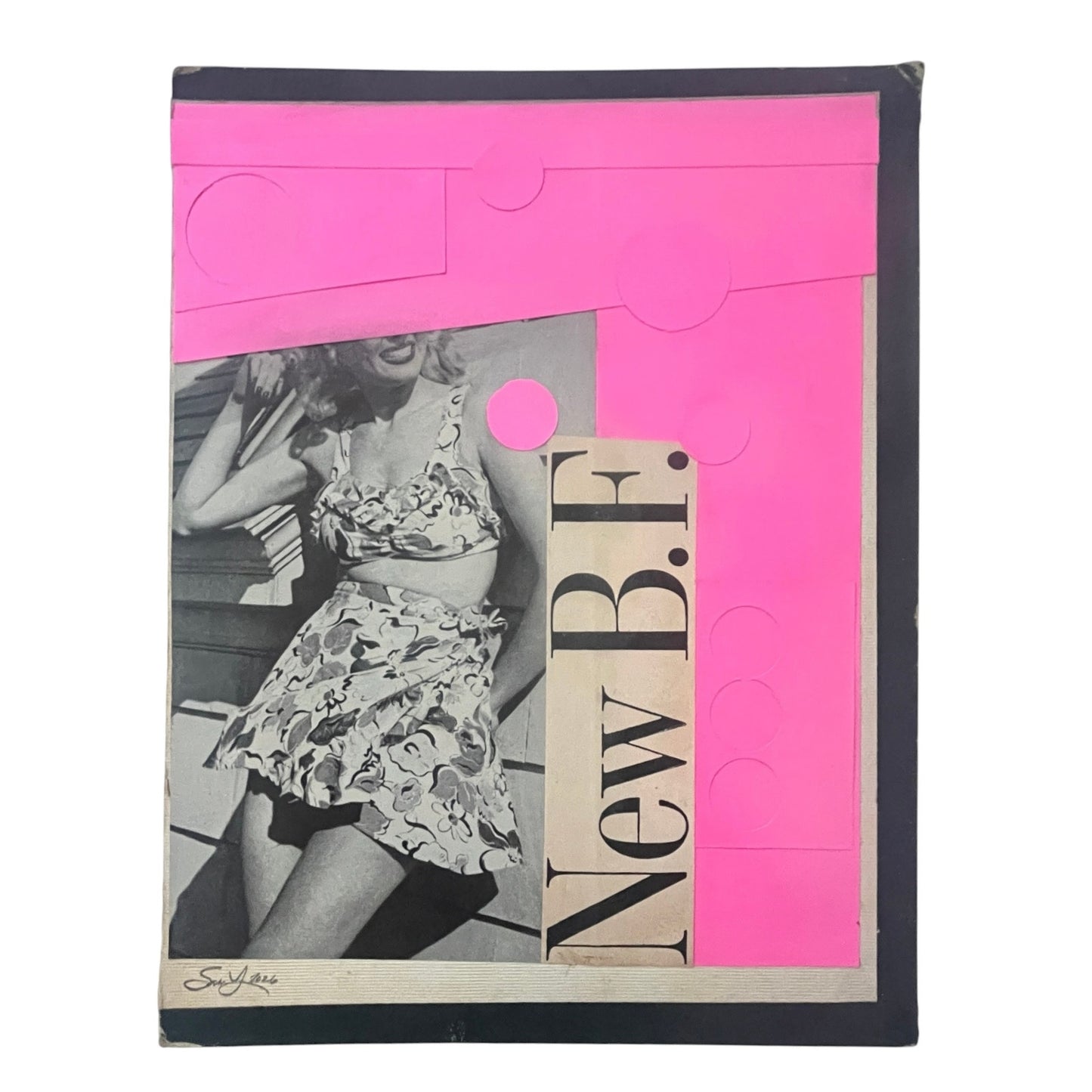 Original Mixed Media Modern Art Collage "New B.F." 6.5x8.5" Signed