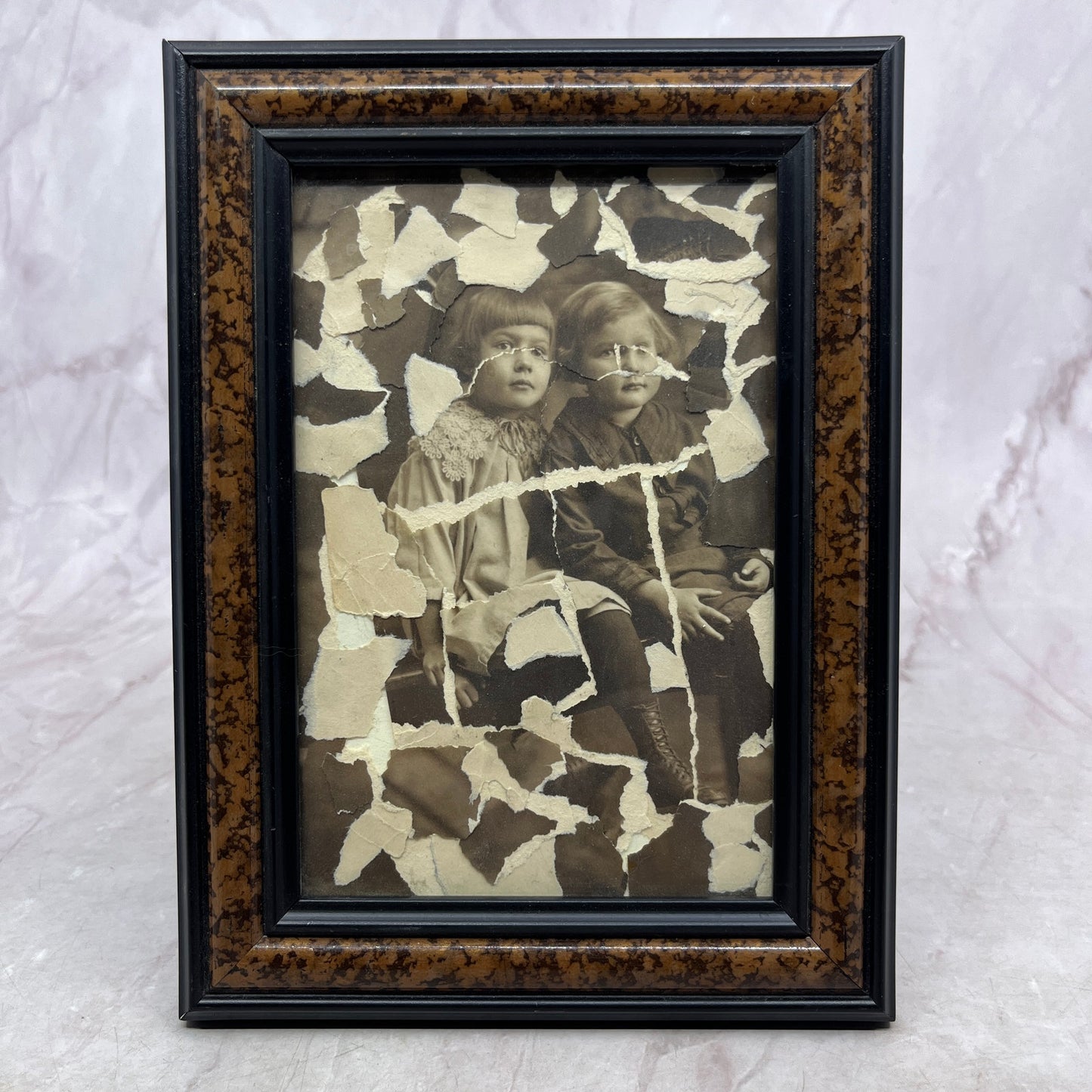 Original Framed Mixed Media Photograph Art Collage 5x7 "Siblings" TK3