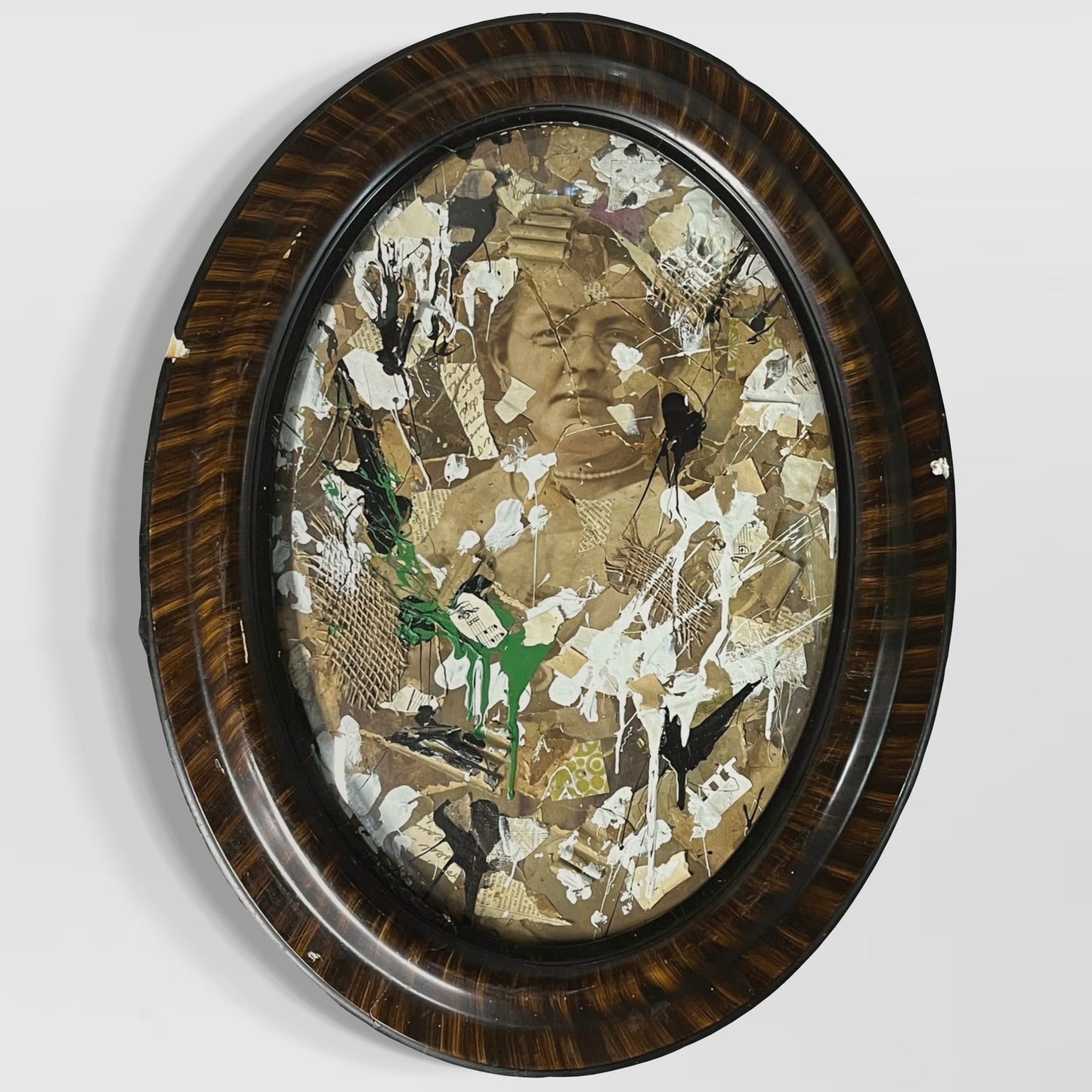 Original Abstract Art Collage 19x35 Antique Portrait in Convex Glass Frame