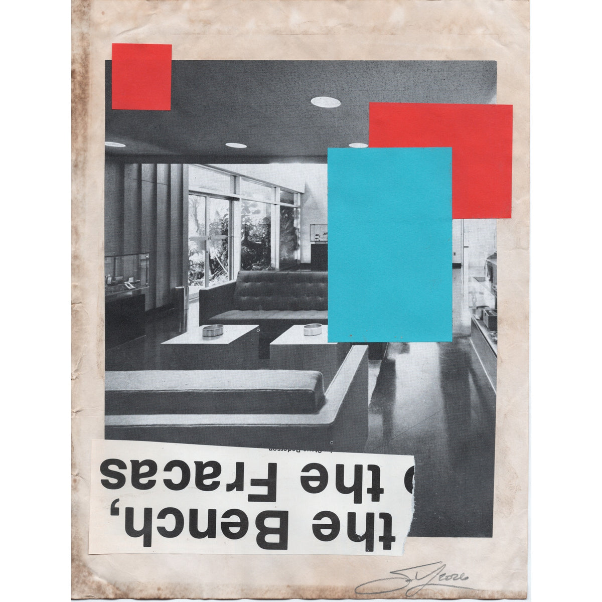 Original Mixed Media Modern Art Collage "The Bench, The Fracas" 8.5x11" Signed
