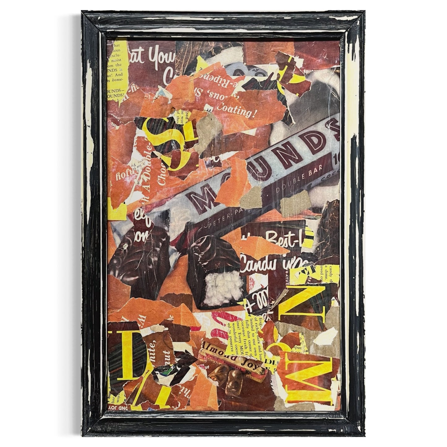 Original Framed Mixed Media Abstract Art Collage 9x13 "1960s Mounds Candy Bar"