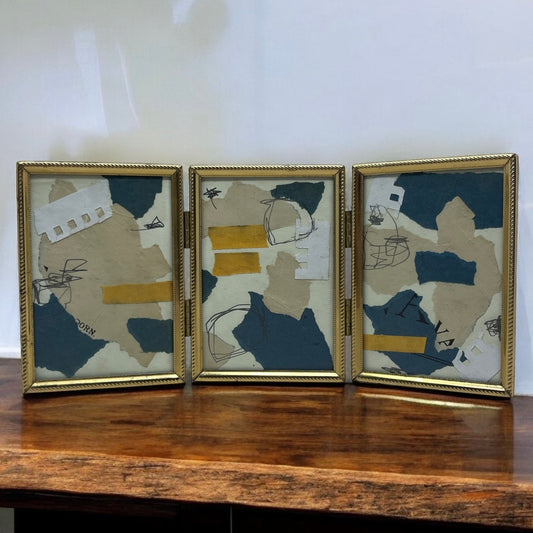 Original Framed Mixed Media Art Collage Triptych 5x11 "Navy Construct IX" TK3