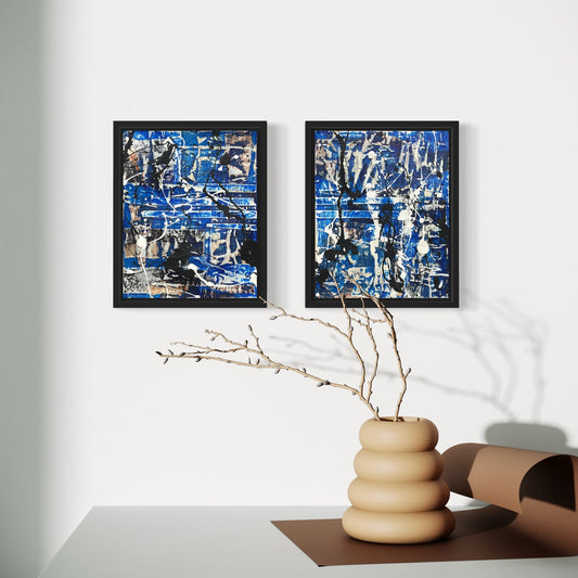 Original Framed Mixed Media Modern Art Collage 8x10 "Blue Steam" Set of 2
