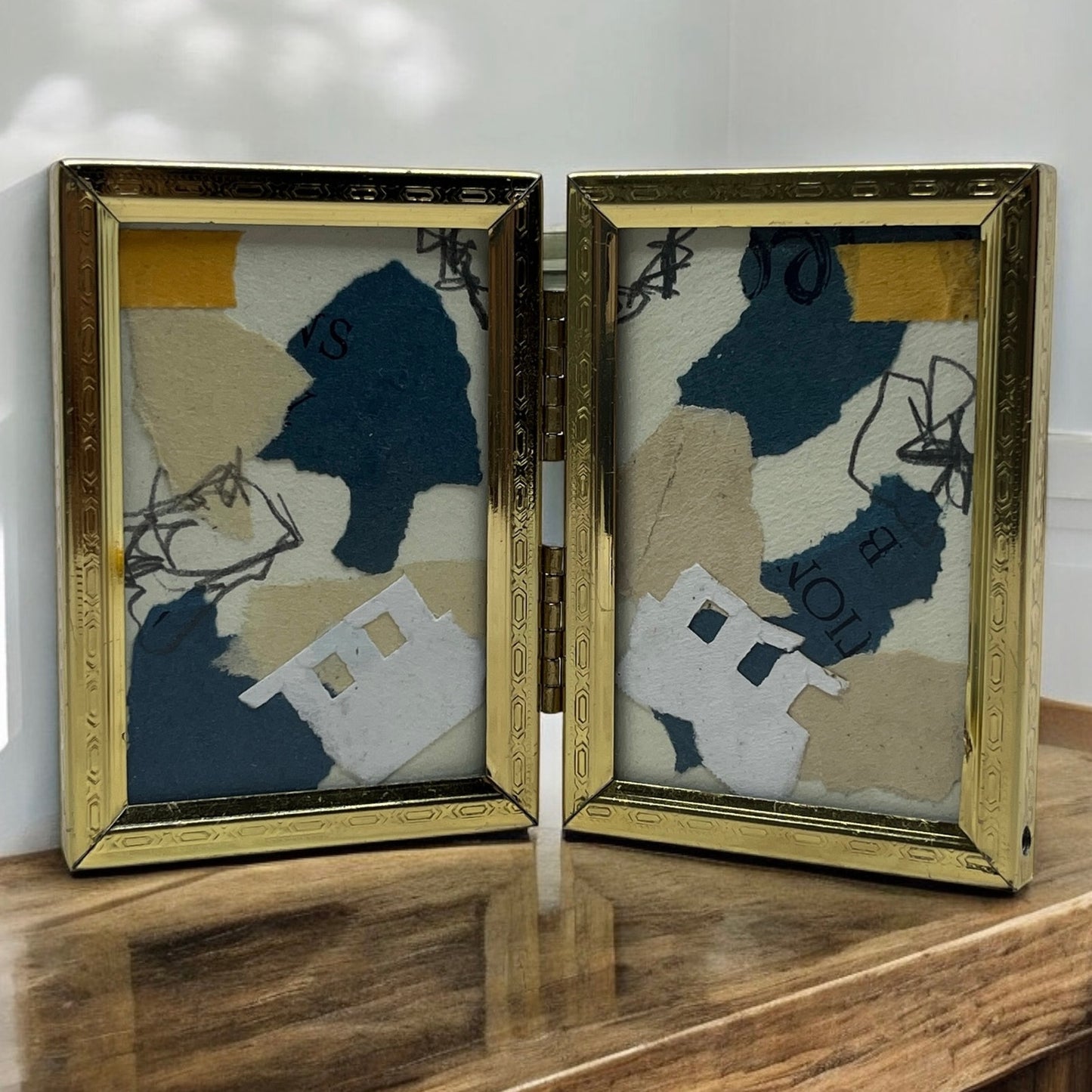 Original Framed Mixed Media Art Collage Mini 3x5 "Navy Construct VIII" TK3