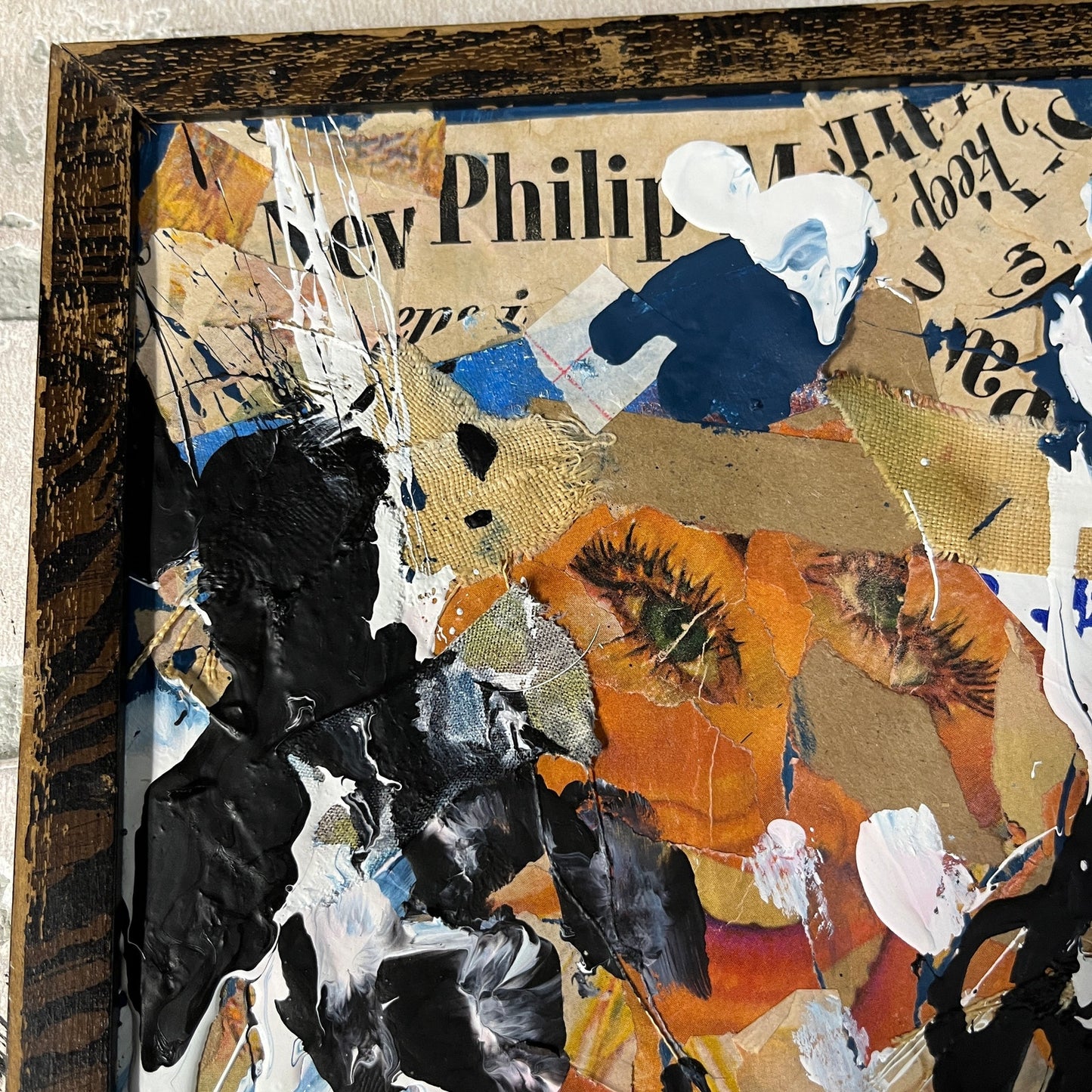 Original Framed Mixed Media Abstract Art Collage 8x13 "1950s Phillip Morris Ad"