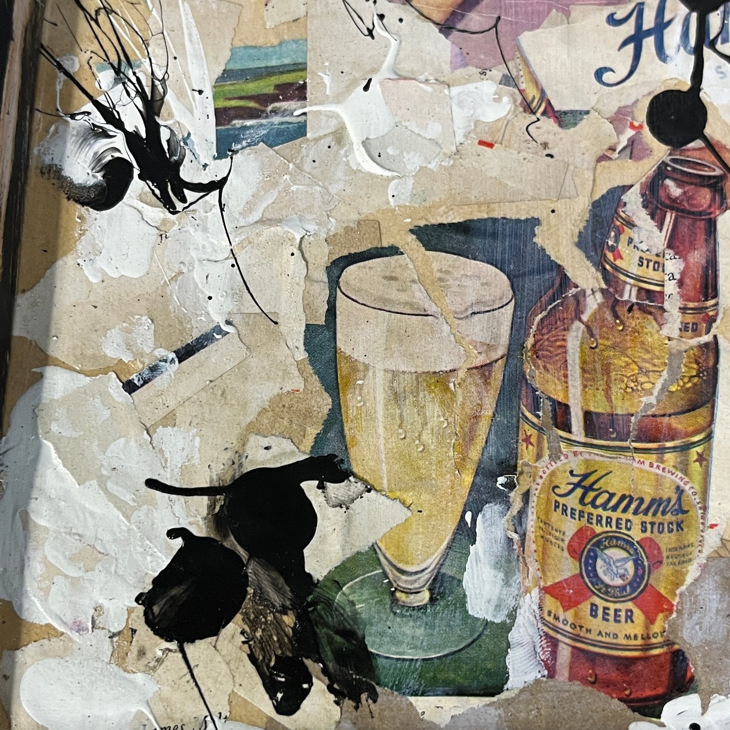 Original Framed Mixed Media Abstract Art Collage 10x12 "1949 Hamms Beer Ad"