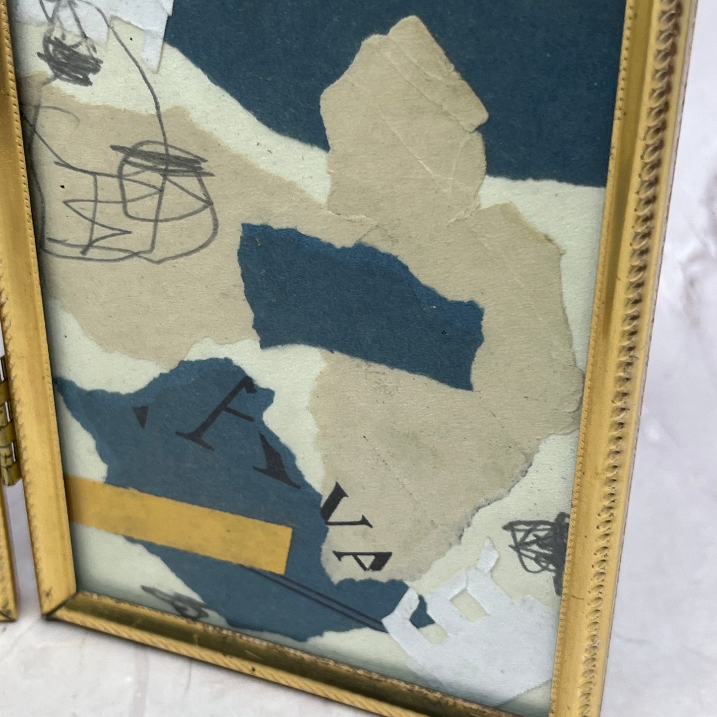 Original Framed Mixed Media Art Collage Triptych 5x11 "Navy Construct IX" TK3