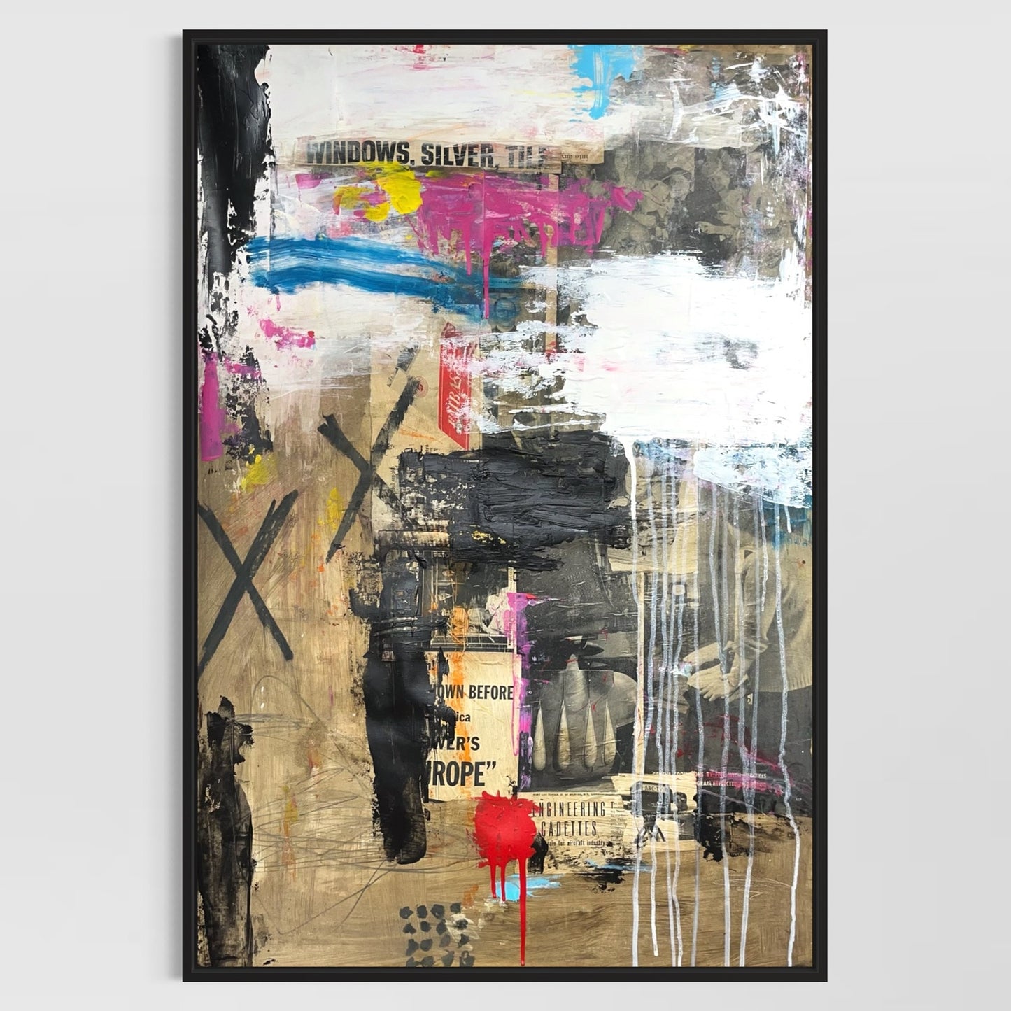 Original Mixed Media Modern Art Painting 24x36 "Windows, Silver, Tile" Signed