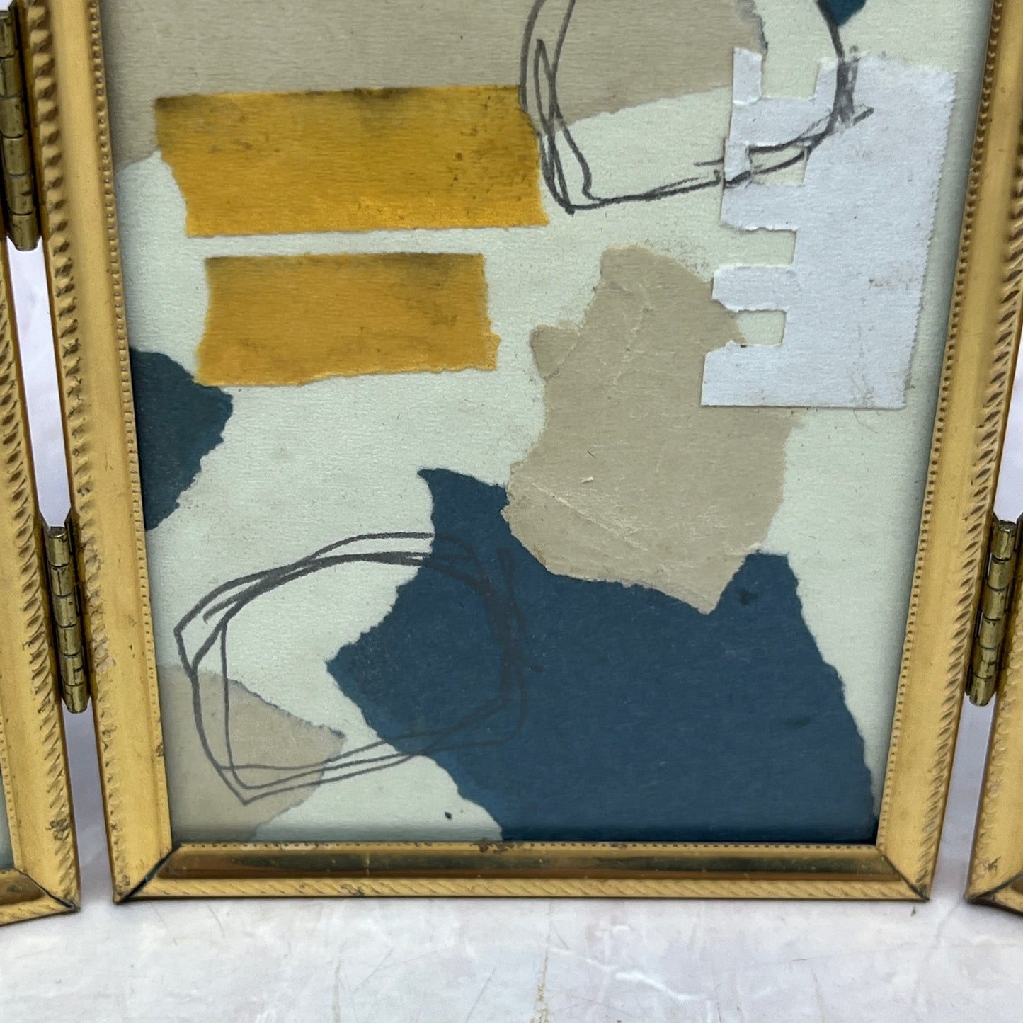 Original Framed Mixed Media Art Collage Triptych 5x11 "Navy Construct IX" TK3