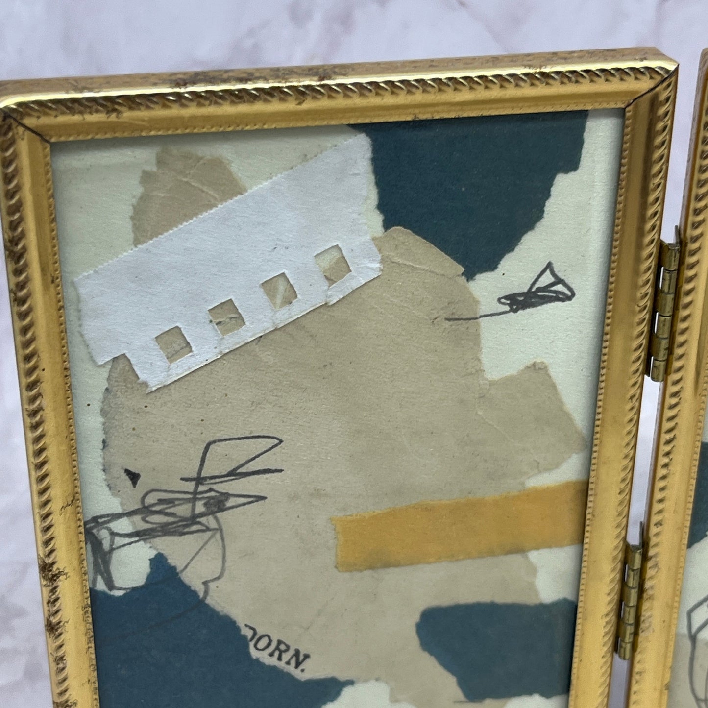 Original Framed Mixed Media Art Collage Triptych 5x11 "Navy Construct IX" TK3